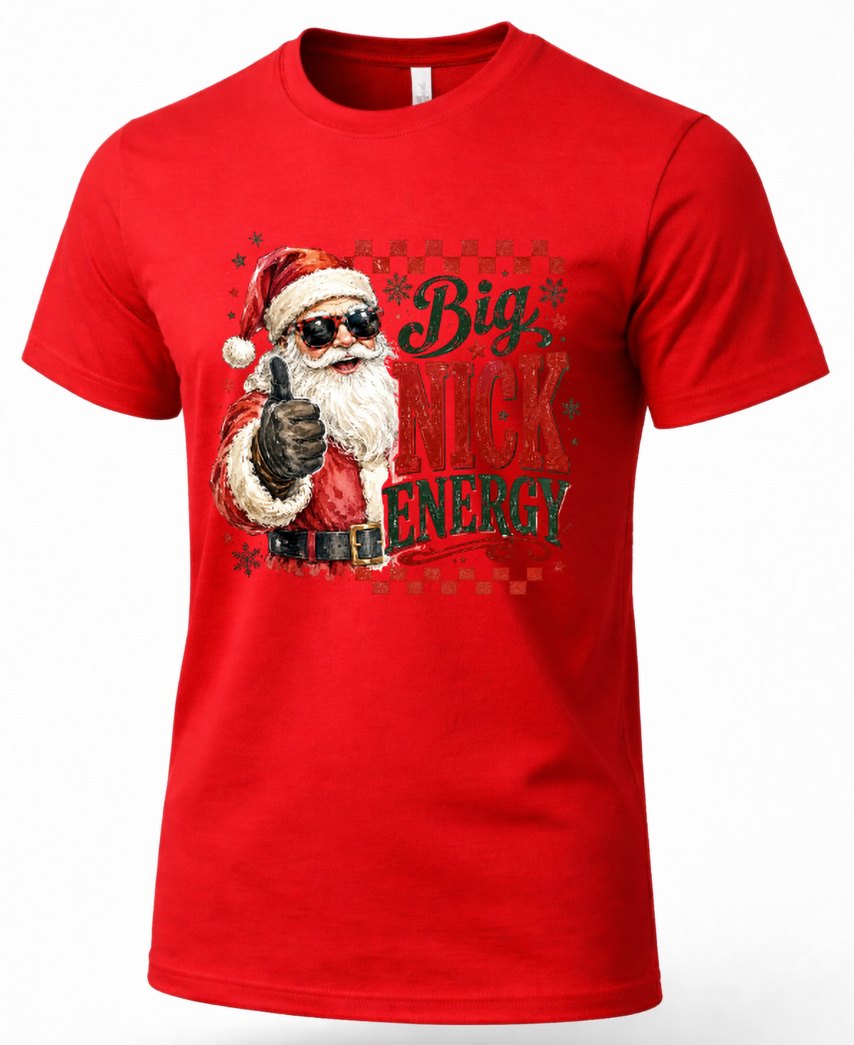 Red Big Nick Energy Christmas graphic tee with sunglasses Santa design