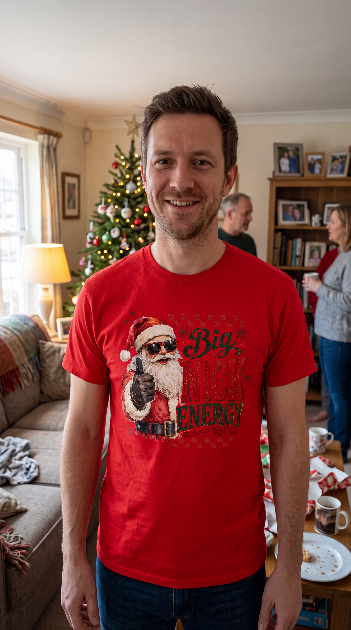 Model wearing red Big Nick Energy funny Christmas shirt