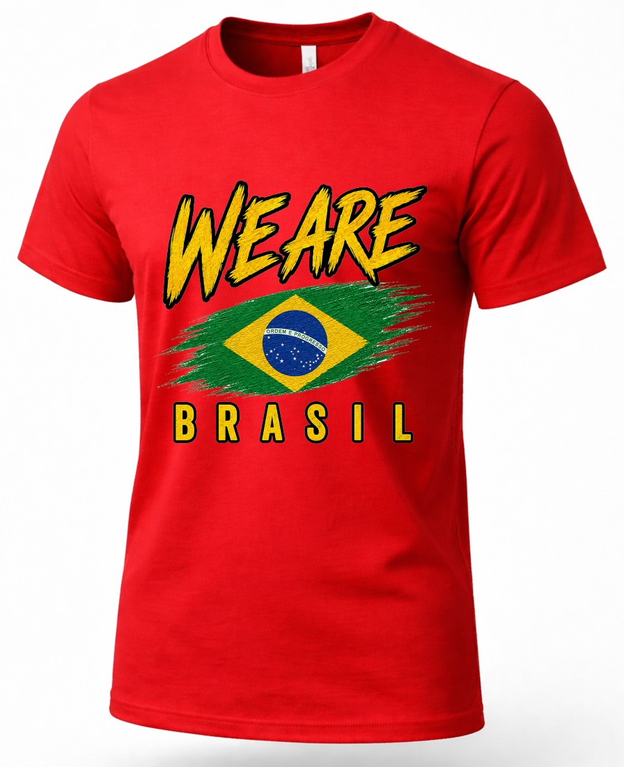 A red short-sleeve crewneck t-shirt featuring a graphic print on the front with the text 'WE ARE BRASIL' in yellow and a distressed Brazilian flag design in the center.