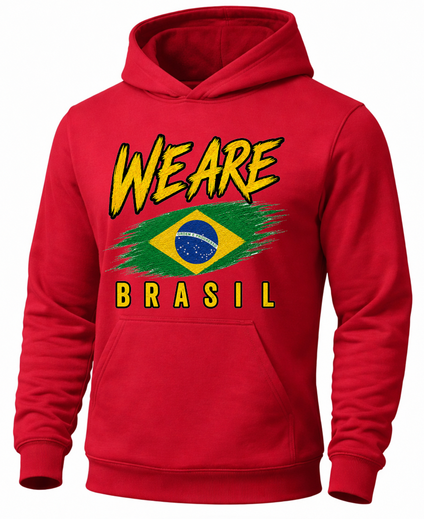 A red pullover hoodie with a front graphic that reads 'WE ARE BRASIL' in yellow lettering, featuring a stylized Brazilian flag design in green, yellow, blue, and red.