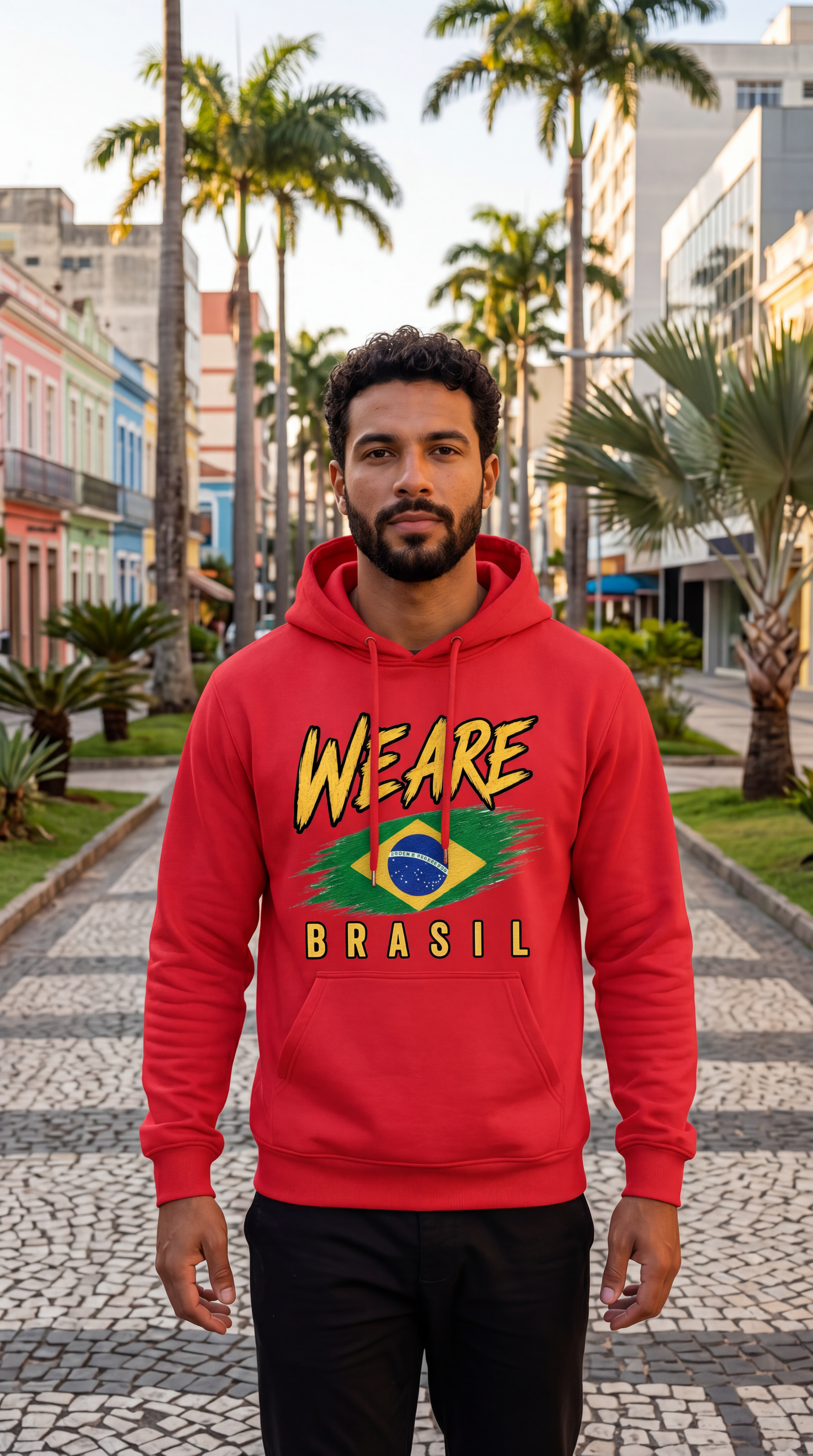 A man wearing a red hoodie with a 'WE ARE BRASIL' graphic featuring the Brazilian flag stands on a cobblestone street lined with palm trees.