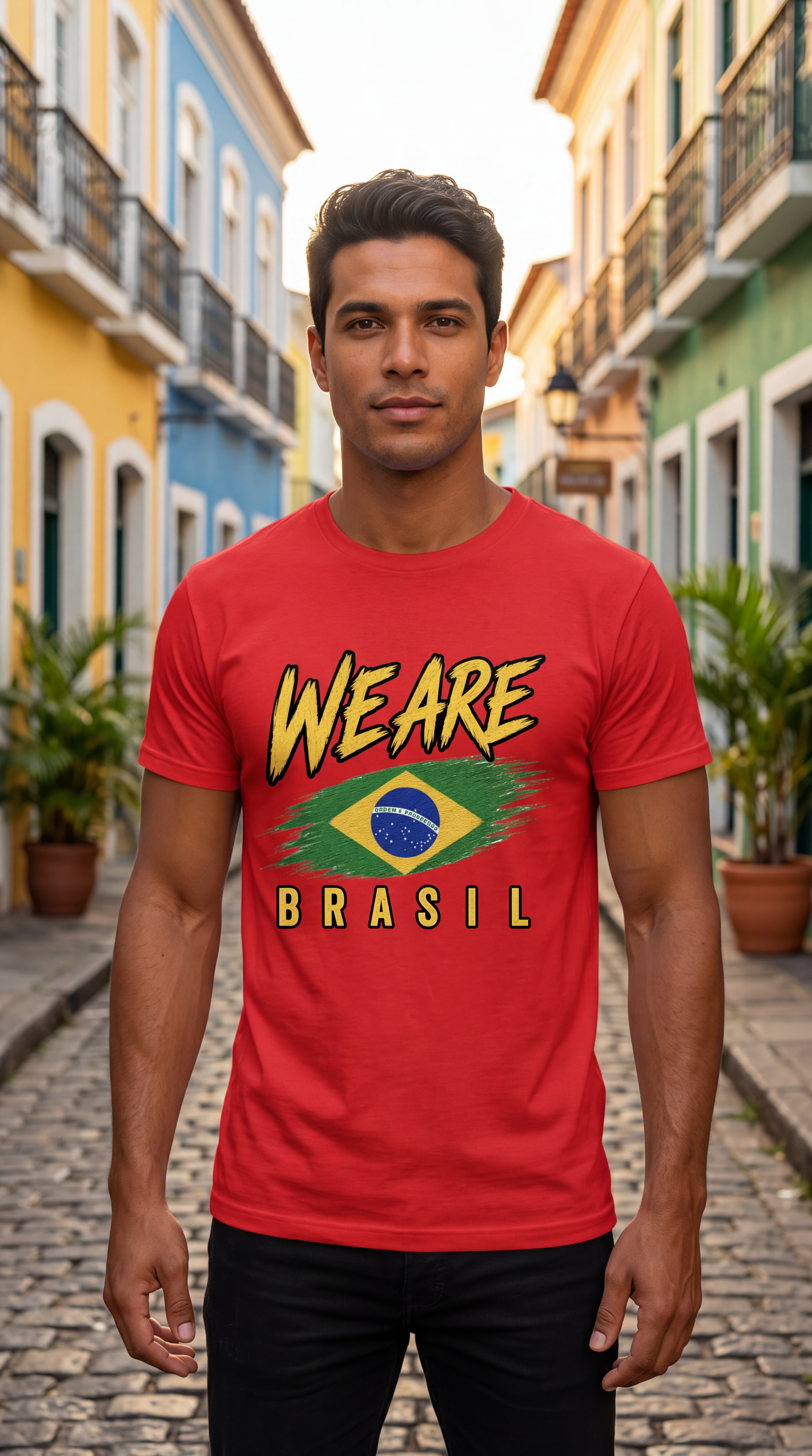 A man wearing a red graphic t-shirt with 'WE ARE BRASIL' and a Brazilian flag design, standing on a cobblestone street between colorful buildings.
