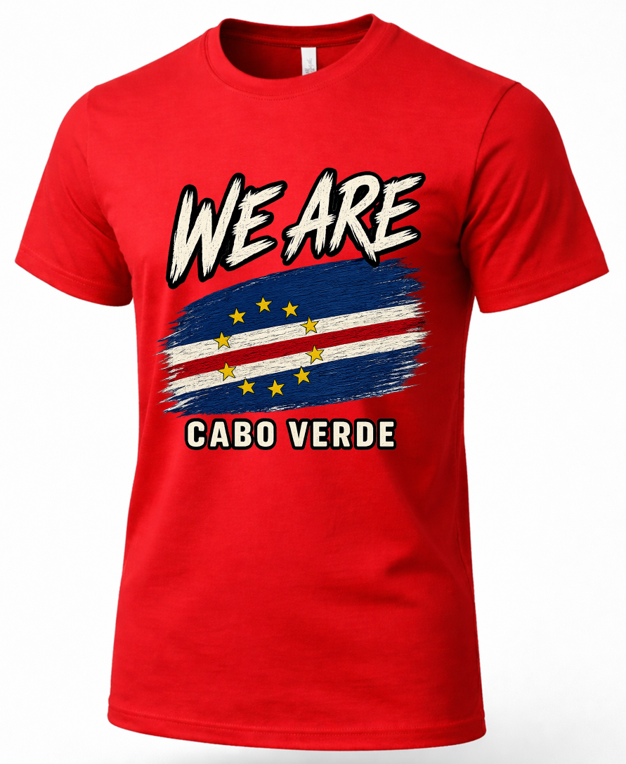 A red short-sleeve crewneck t-shirt featuring a graphic print of the Cabo Verde flag with the text 'WE ARE' above and 'Cabo Verde' below in a bold, stylized font.