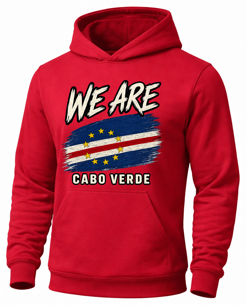 A red pullover hoodie with a graphic print on the front. The design features the text 'WE ARE' in a stylized white and black font above a distressed flag design with blue, white, and red stripes and yellow stars, and 'Cabo Verde' written below in white with a black outline.