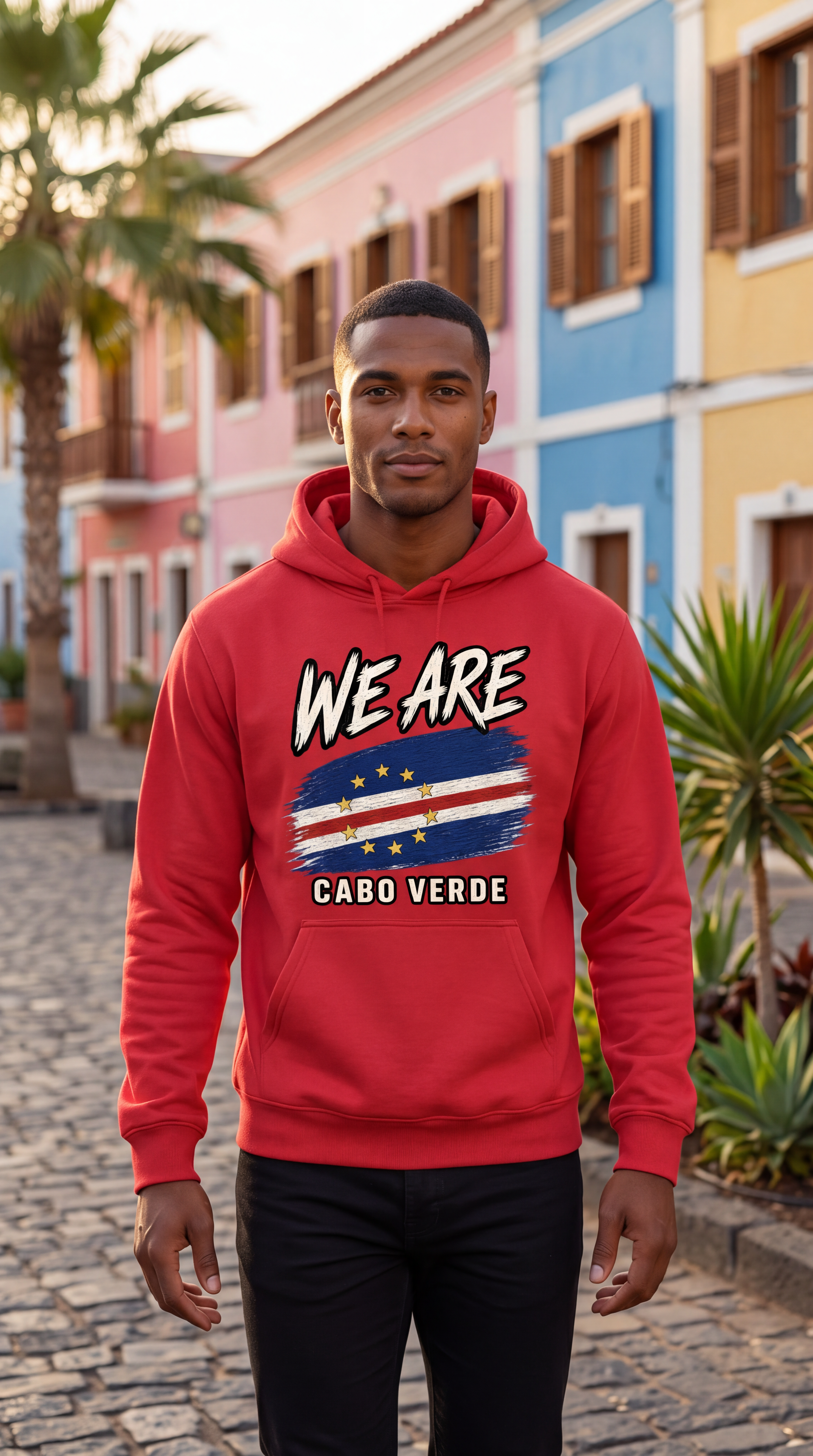 A man wearing a red hoodie with a Cabo Verde flag graphic and the text 'WE ARE CABO VERDE' stands on a cobblestone street in front of colorful pastel buildings.