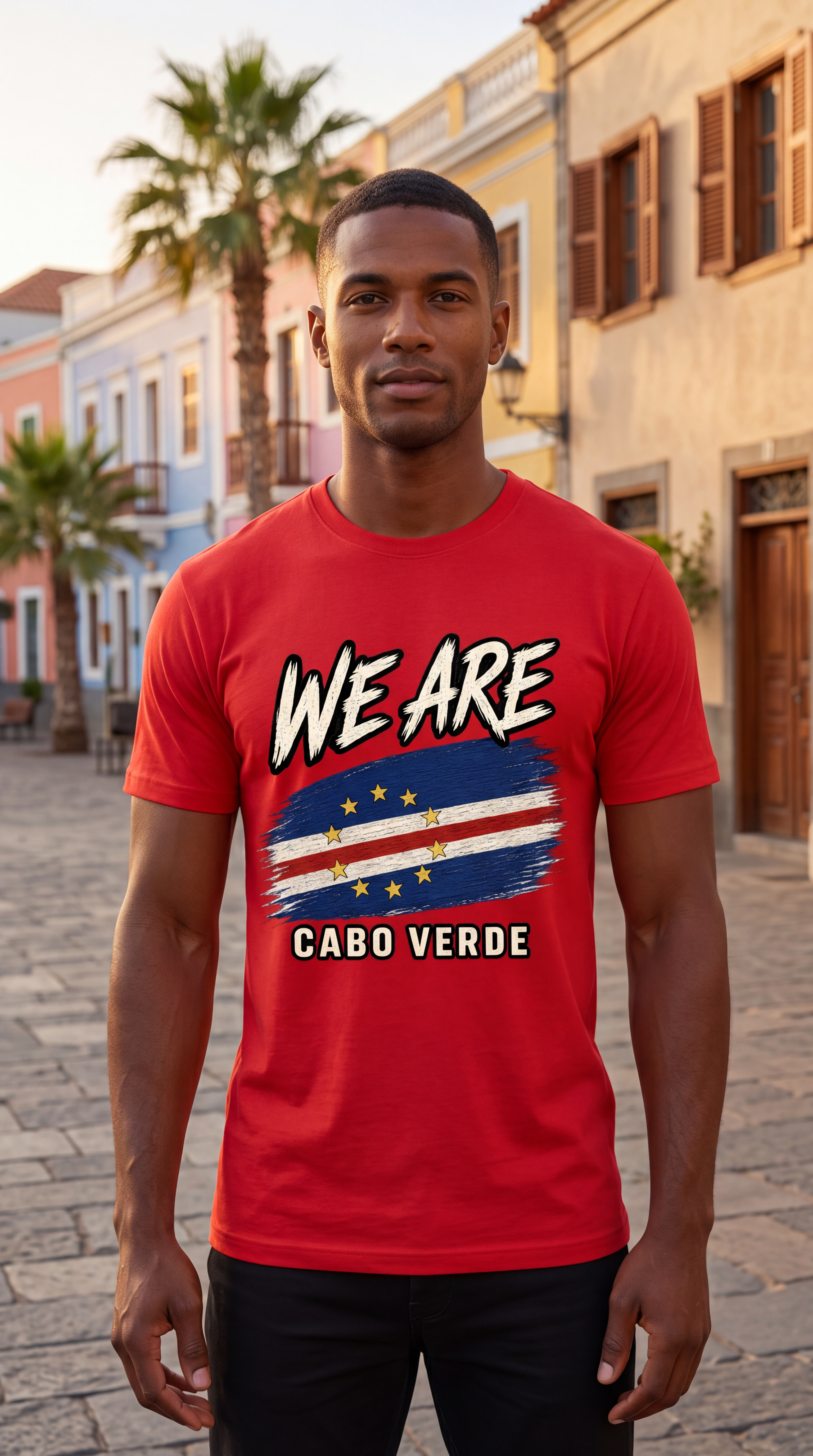 A man wearing a red graphic t-shirt with 'WE ARE CABO VERDE' and a stylized Cabo Verde flag design, standing in a sunny, cobblestone street with colonial buildings in the background.