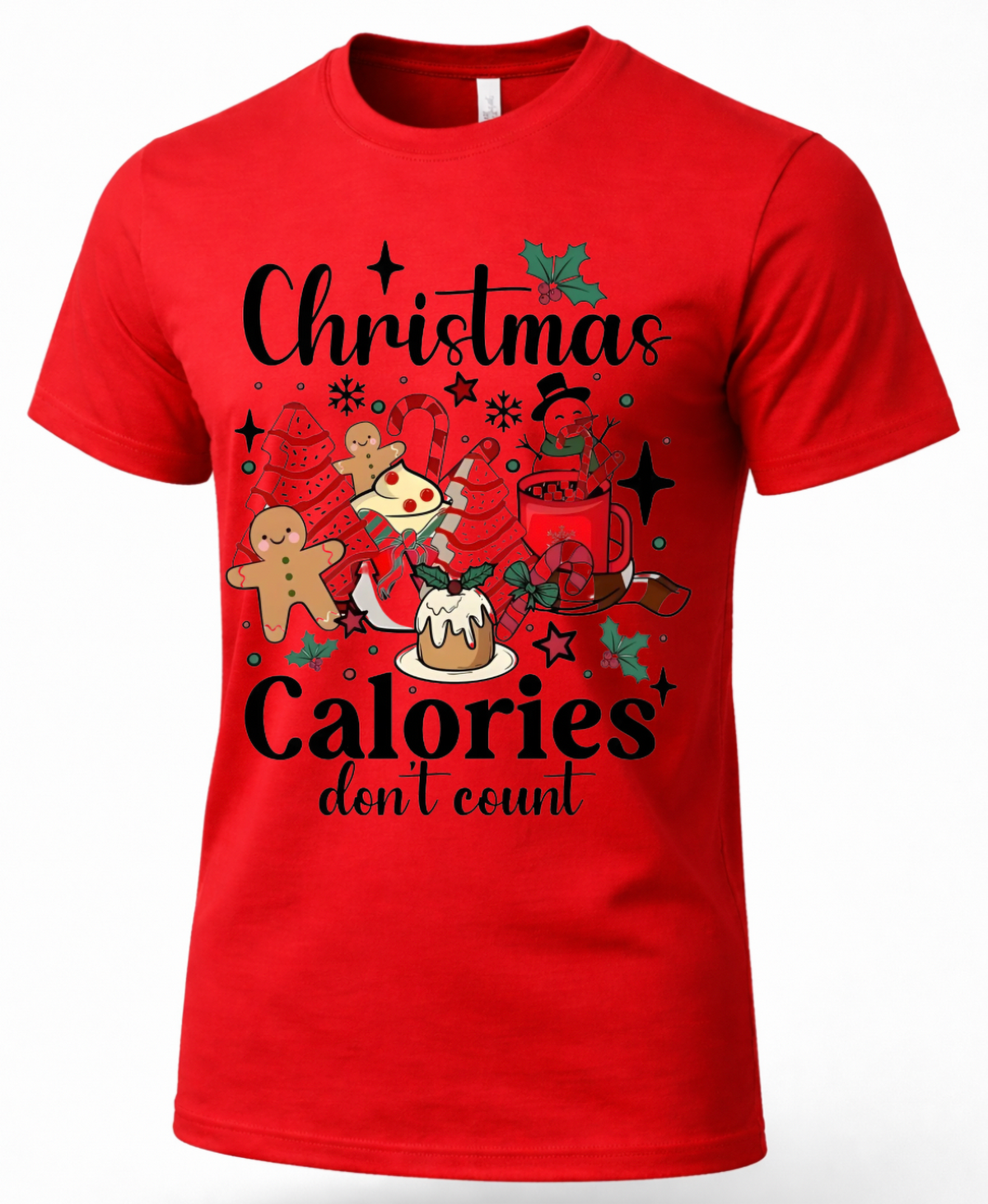 Red Christmas Calories Don’t Count shirt featuring gingerbread, candy canes, cocoa and festive Christmas sweets.