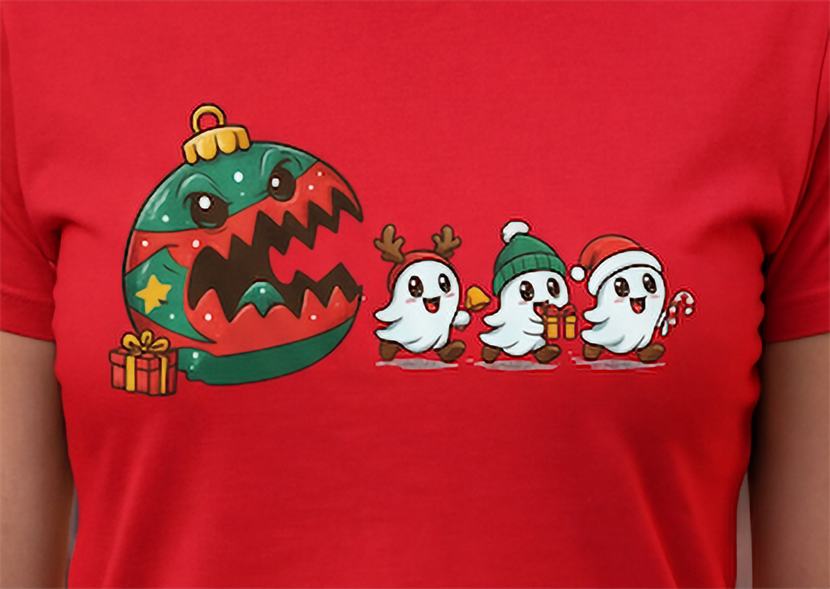 Close-up of red Christmas ghost shirt featuring festive ghosts and giant Christmas ornament artwork