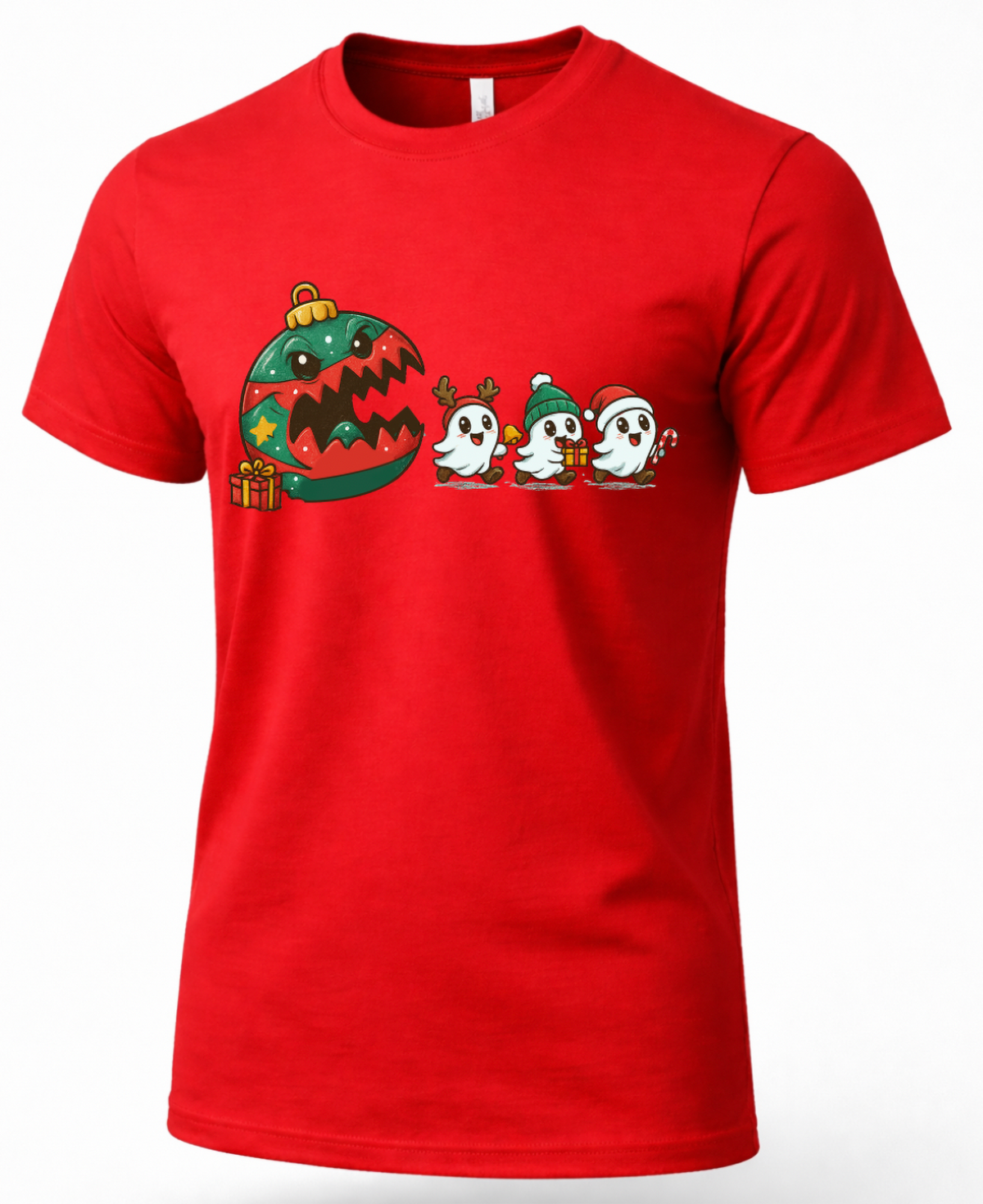 Red Christmas ghost graphic tee featuring three cute holiday ghosts and colorful ornament design