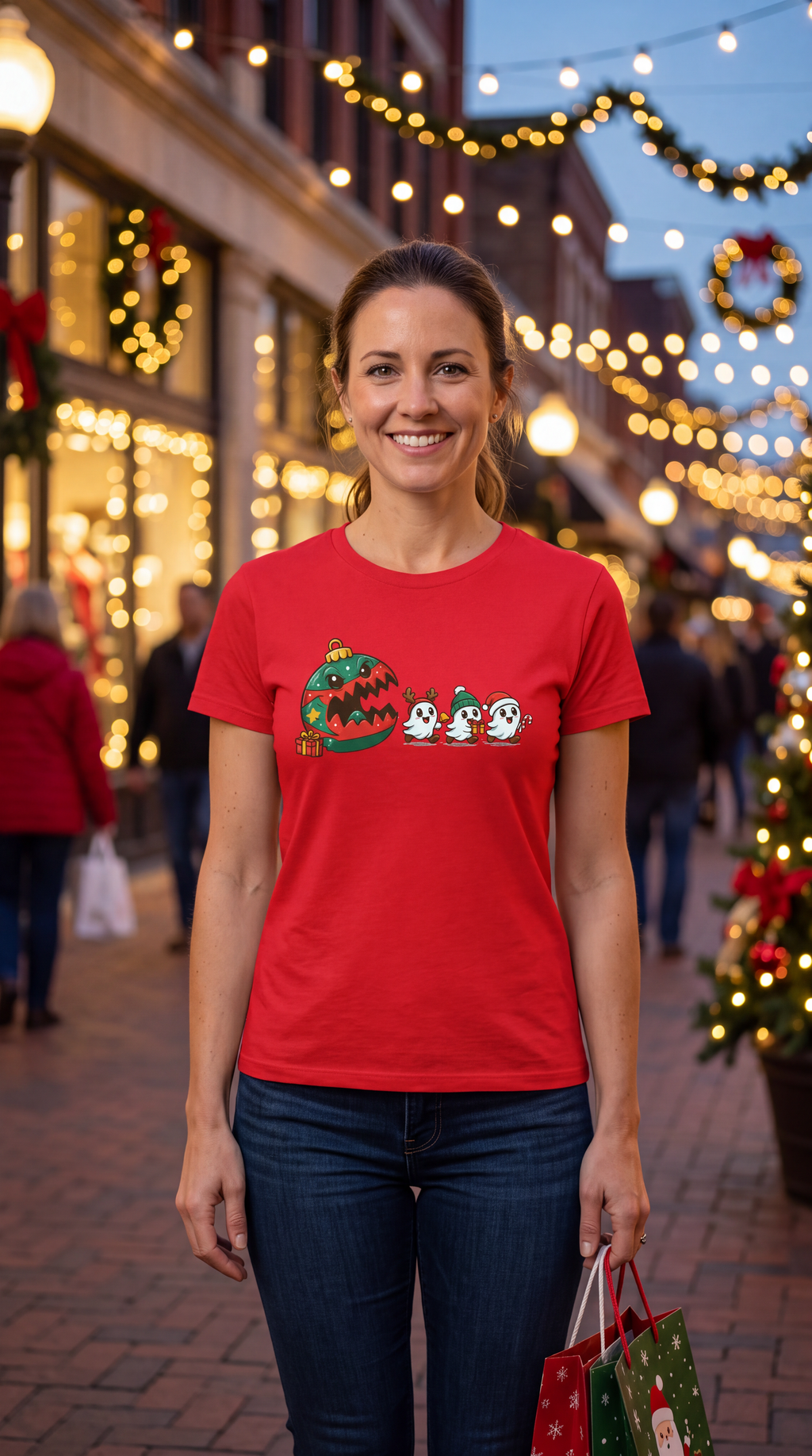 Woman wearing red cute Christmas ghost shirt featuring festive ghosts and giant Christmas ornament.