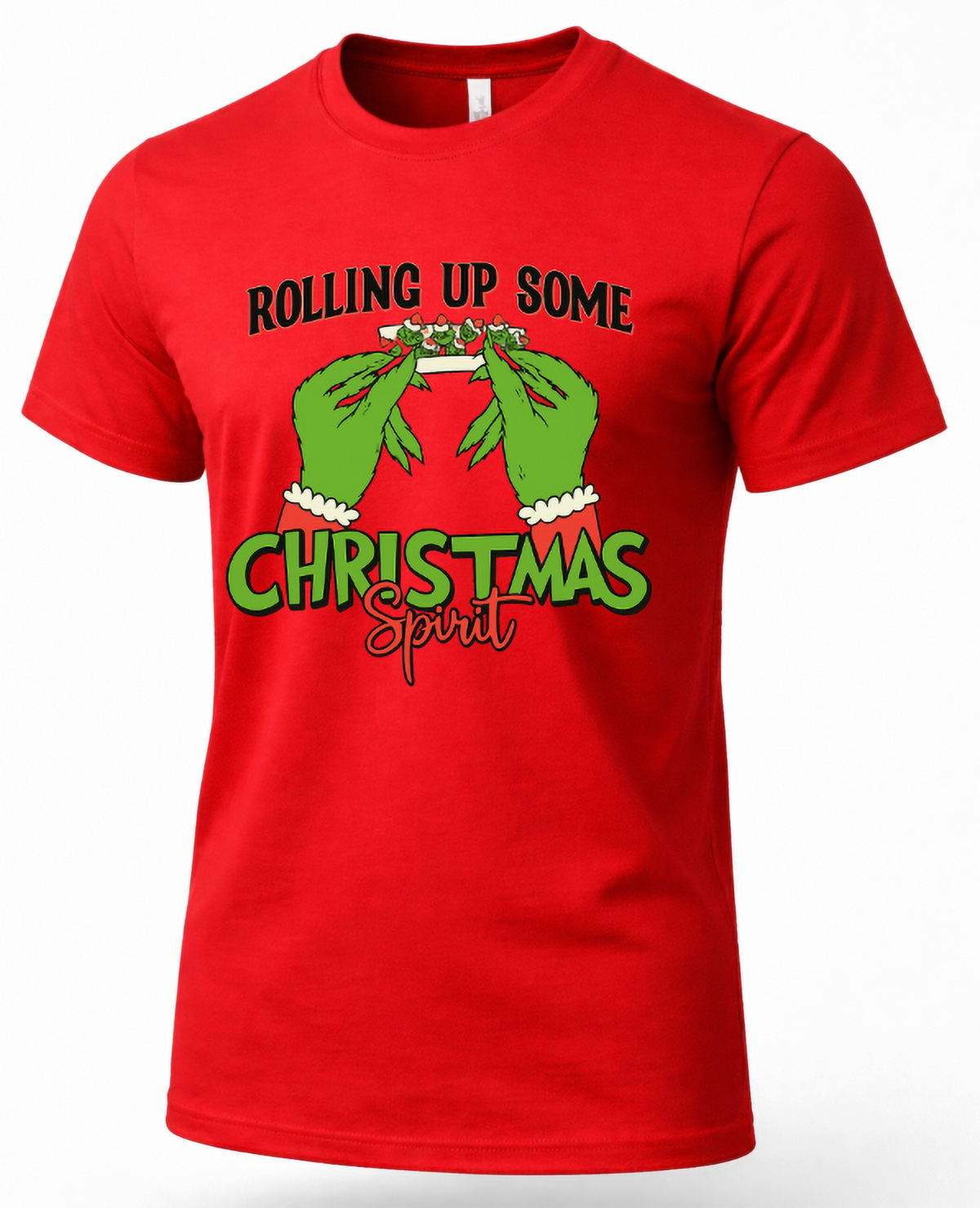 Red unisex weed Christmas t-shirt featuring green hands rolling a joint and funny Christmas Spirit graphic.