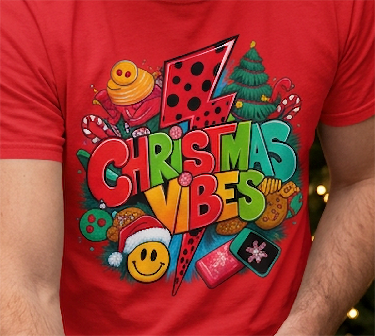 Red Design Close-Up: Detailed close-up of multicolored Christmas Vibes graphic printed on a red holiday t-shirt.