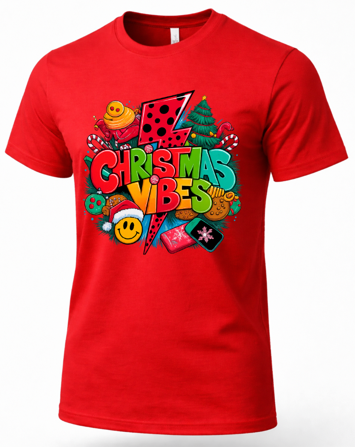 Red Mockup: Red Christmas Vibes graphic t-shirt featuring colorful retro Christmas lettering, holiday decorations, and festive lightning bolt artwork.