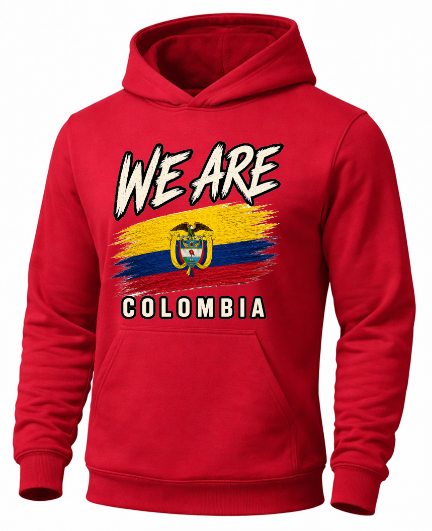 A red pullover hoodie with a graphic on the chest that reads 'WE ARE COLOMBIA' above and below a stylized flag design in yellow, blue, and red with the Colombian coat of arms.