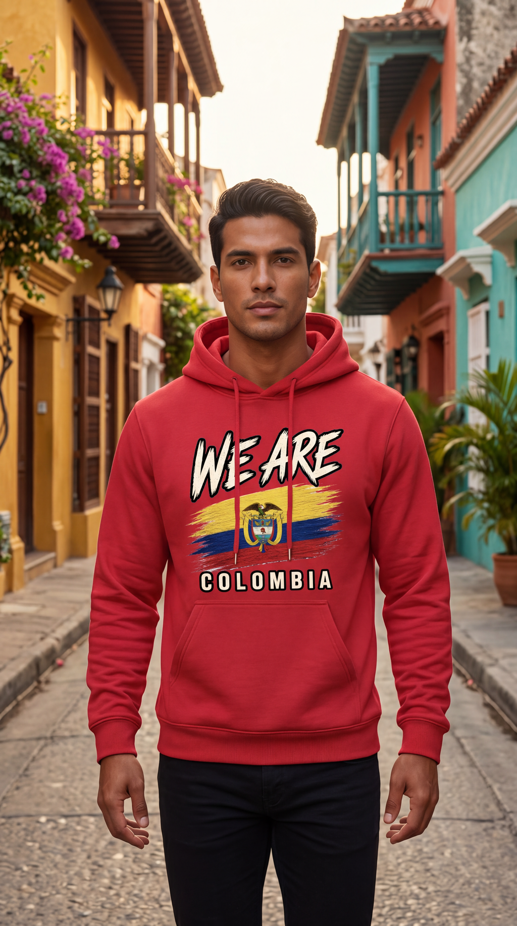 A man wearing a red hoodie with a graphic print that reads 'WE ARE COLOMBIA' and features the Colombian flag, standing on a cobblestone street in front of colorful colonial-style buildings.