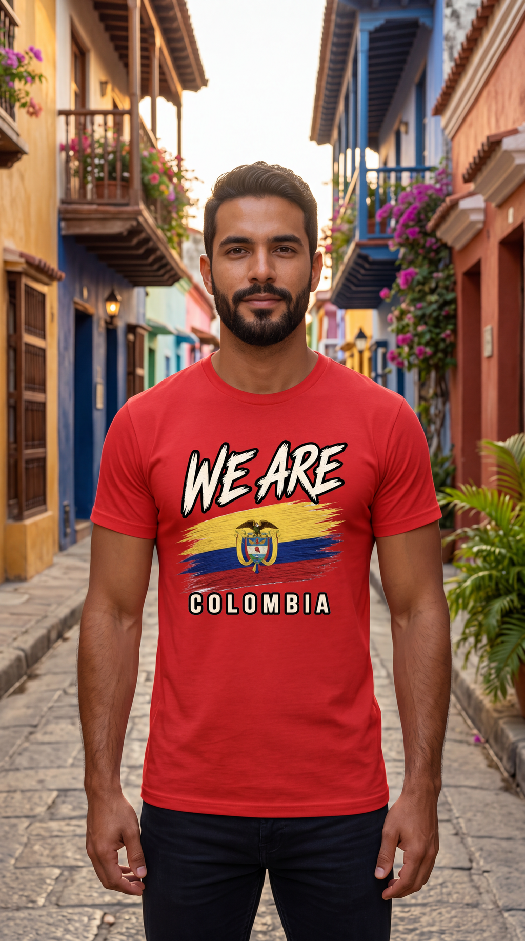 A man wearing a red graphic t-shirt with 'WE ARE COLOMBIA' and the Colombian flag design, standing in a colorful cobblestone street.