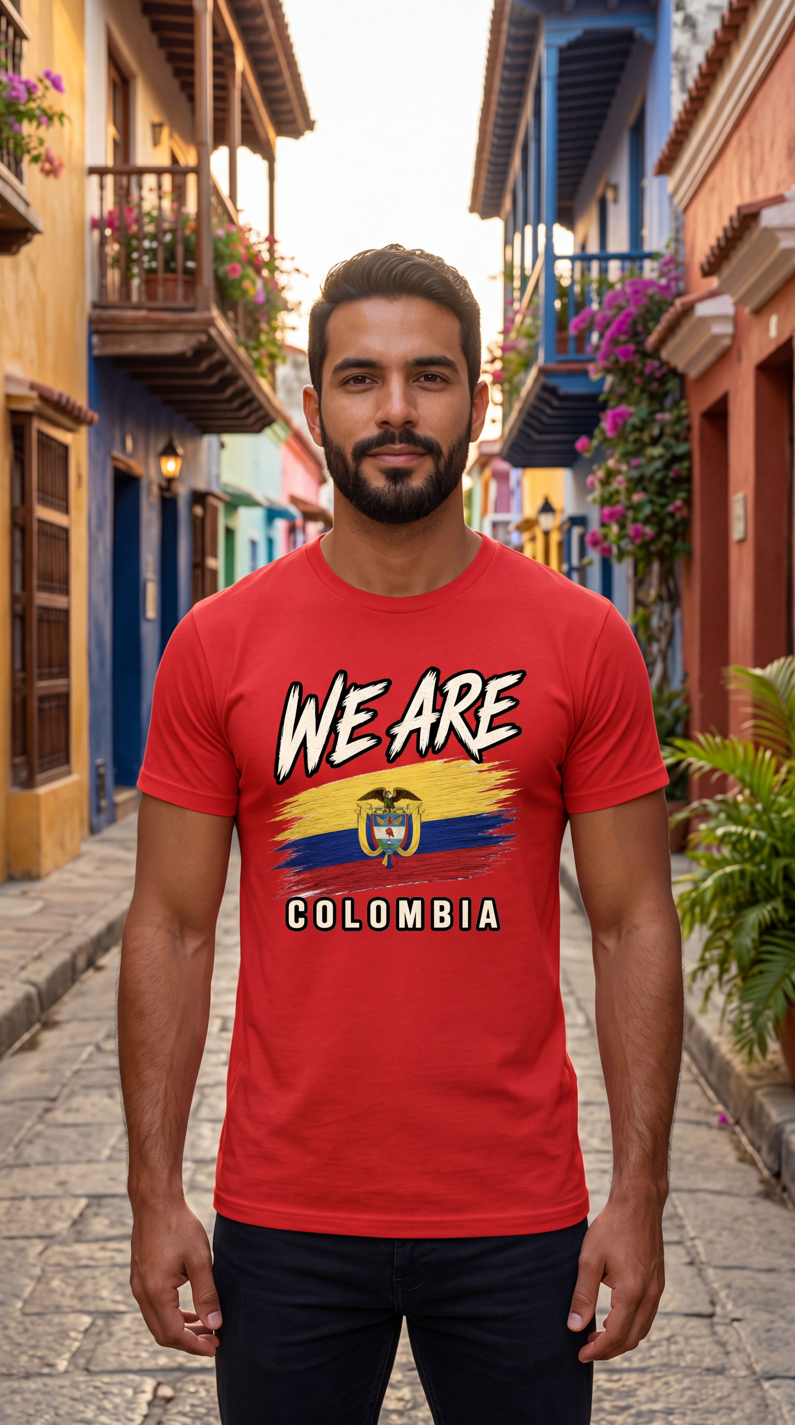 A man wearing a red graphic t-shirt with 'WE ARE COLOMBIA' and the Colombian flag design, standing in a colorful cobblestone street.