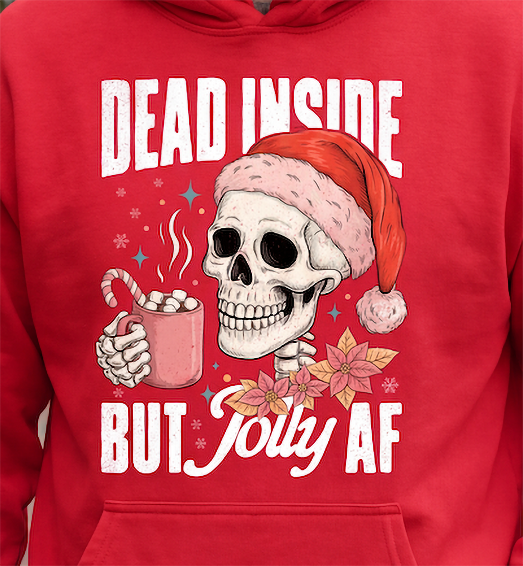 Close-up of red Dead Inside But Jolly AF Christmas skeleton hoodie design