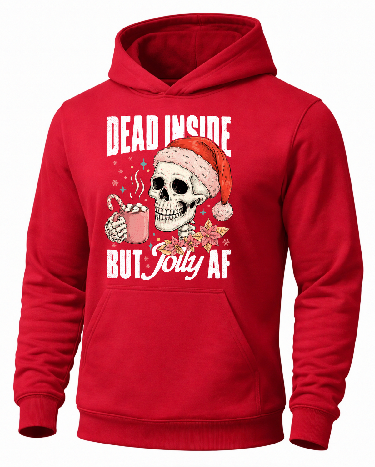 Red Christmas skeleton hoodie with Santa skull and hot cocoa graphic