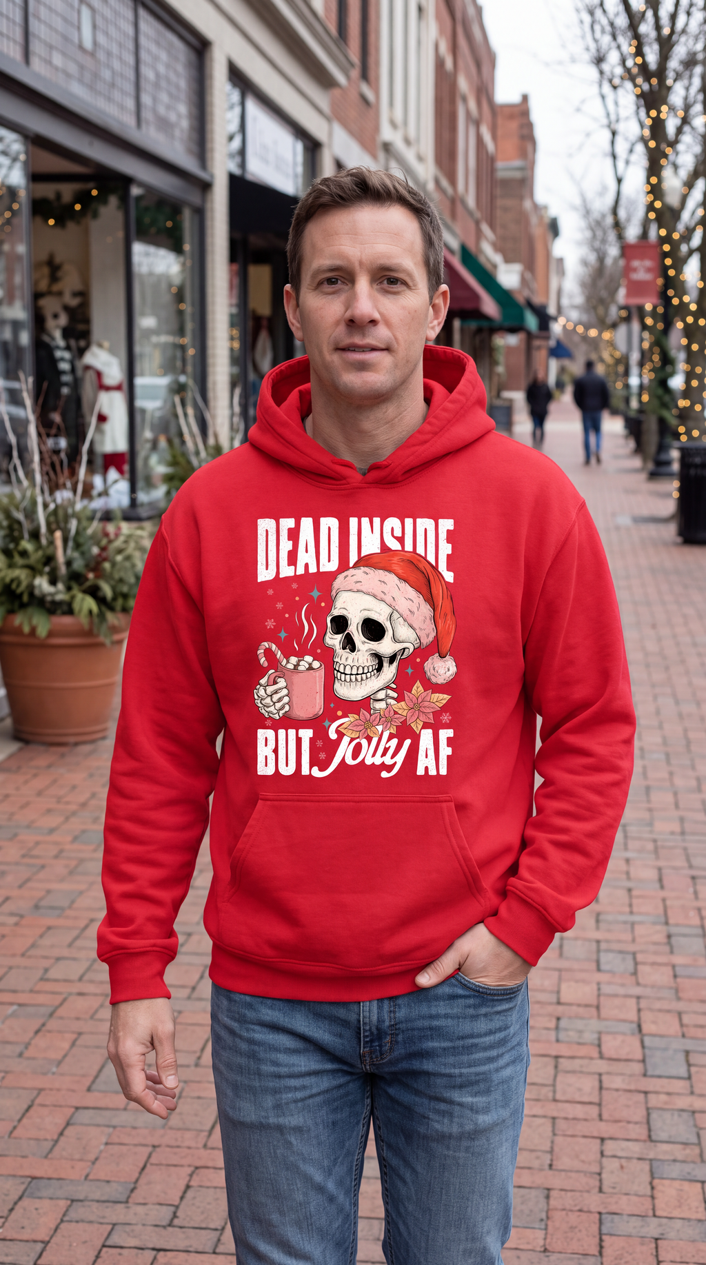 Man wearing red Christmas skeleton hoodie with Dead Inside But Jolly AF design