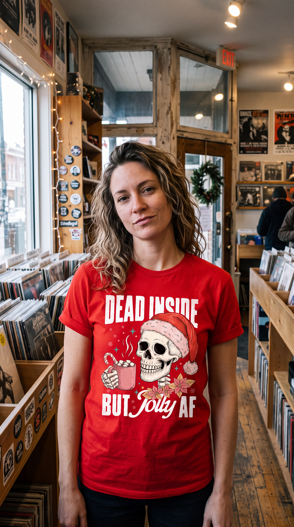 Woman wearing red Dead Inside But Jolly AF Christmas graphic shirt in festive holiday setting.