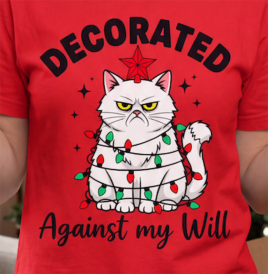 Close-up of Decorated Against My Will grumpy cat Christmas graphic printed on red shirt.