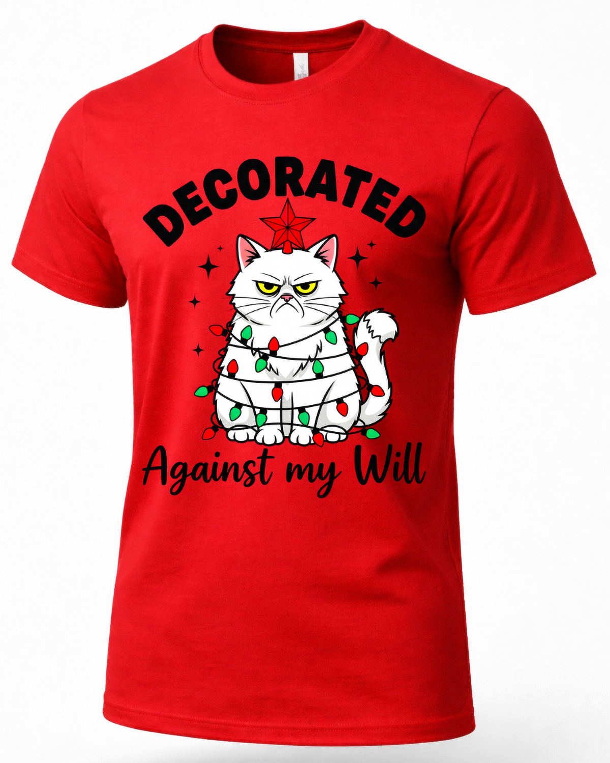 Red funny cat Christmas shirt featuring grumpy white cat wrapped in festive Christmas lights.