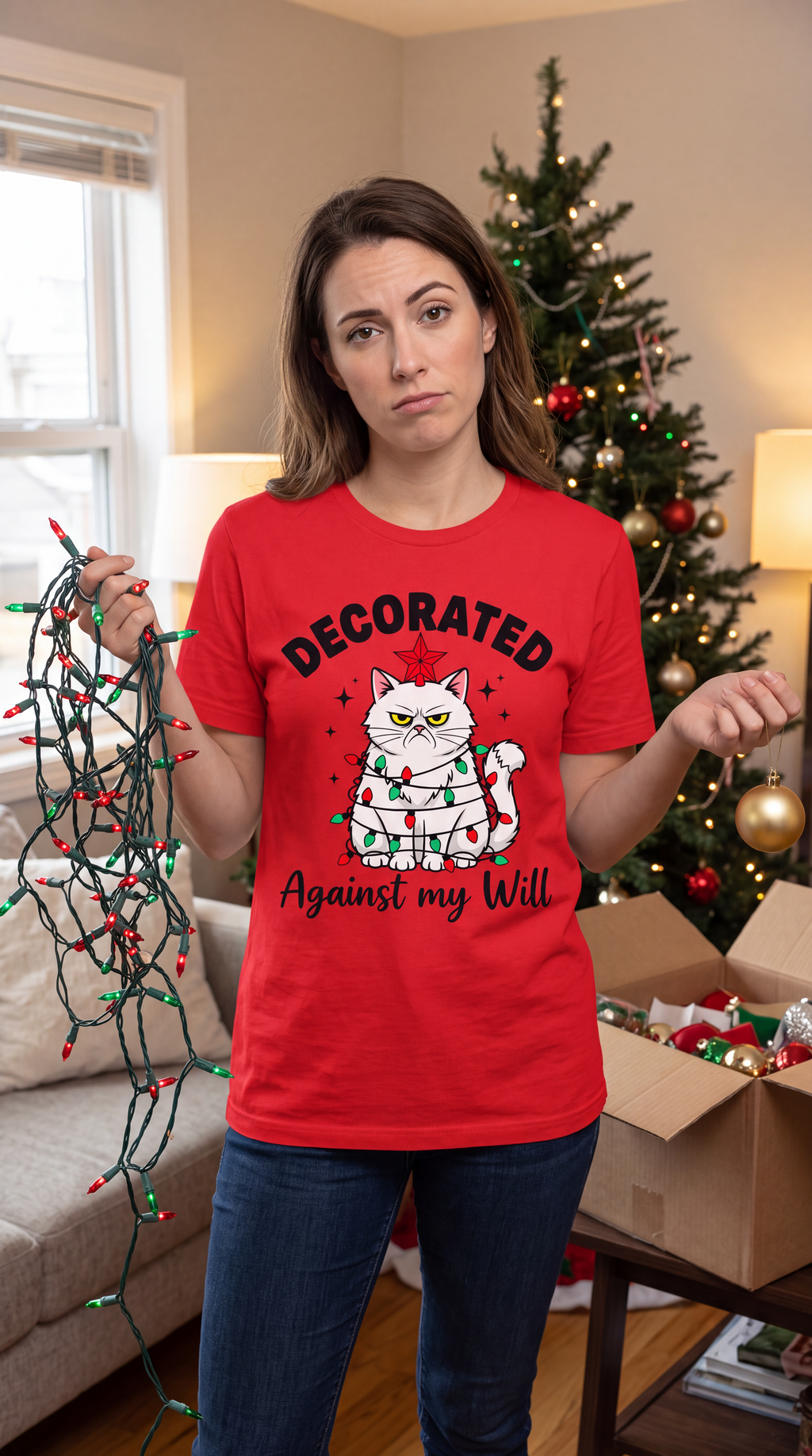 Woman wearing red Decorated Against My Will cat Christmas shirt with sarcastic holiday graphic.