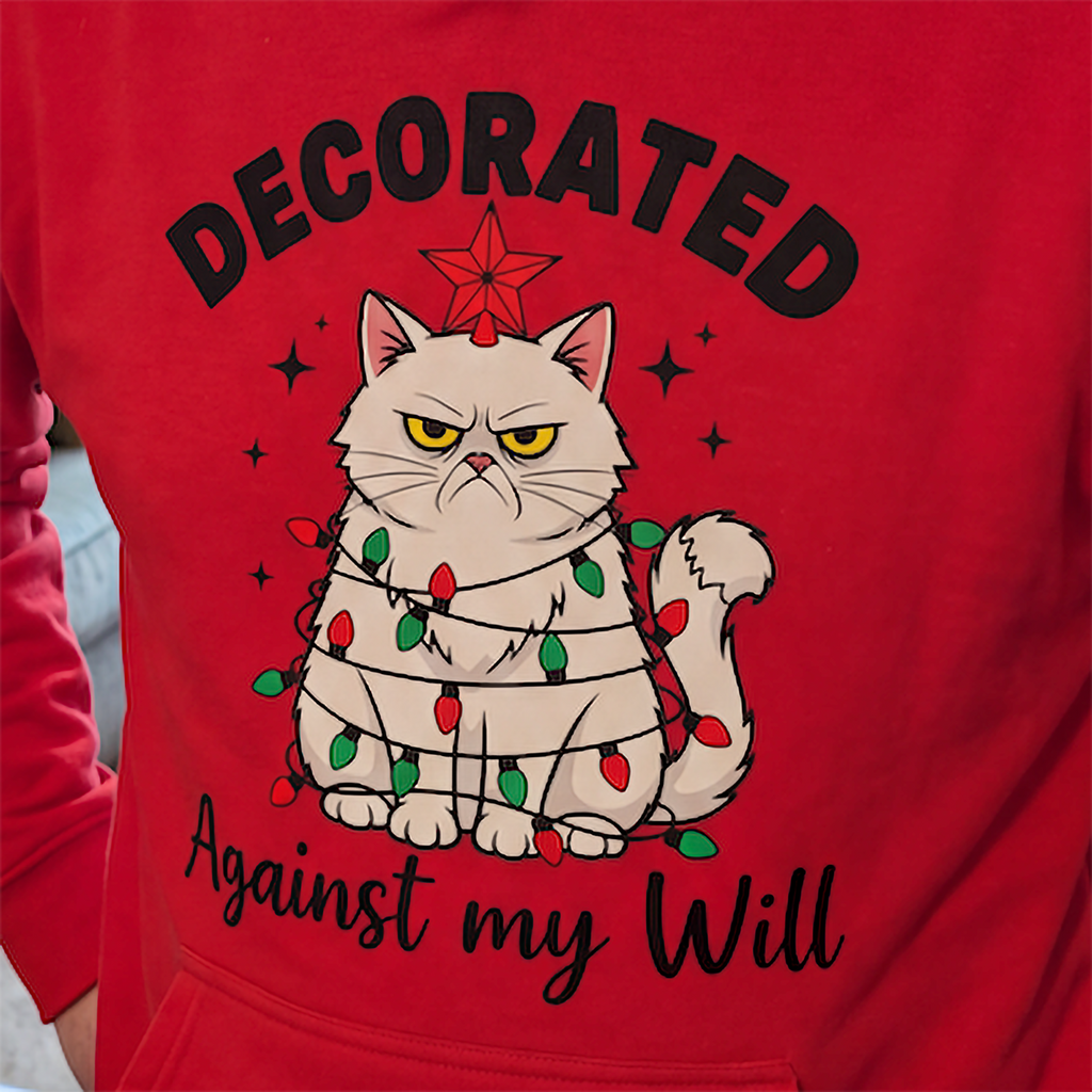 Close-up of red Decorated Against My Will funny Christmas cat hoodie design