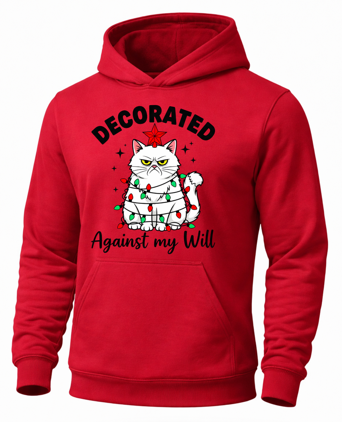 Red cat Christmas hoodie with grumpy cat and colorful Christmas lights graphic