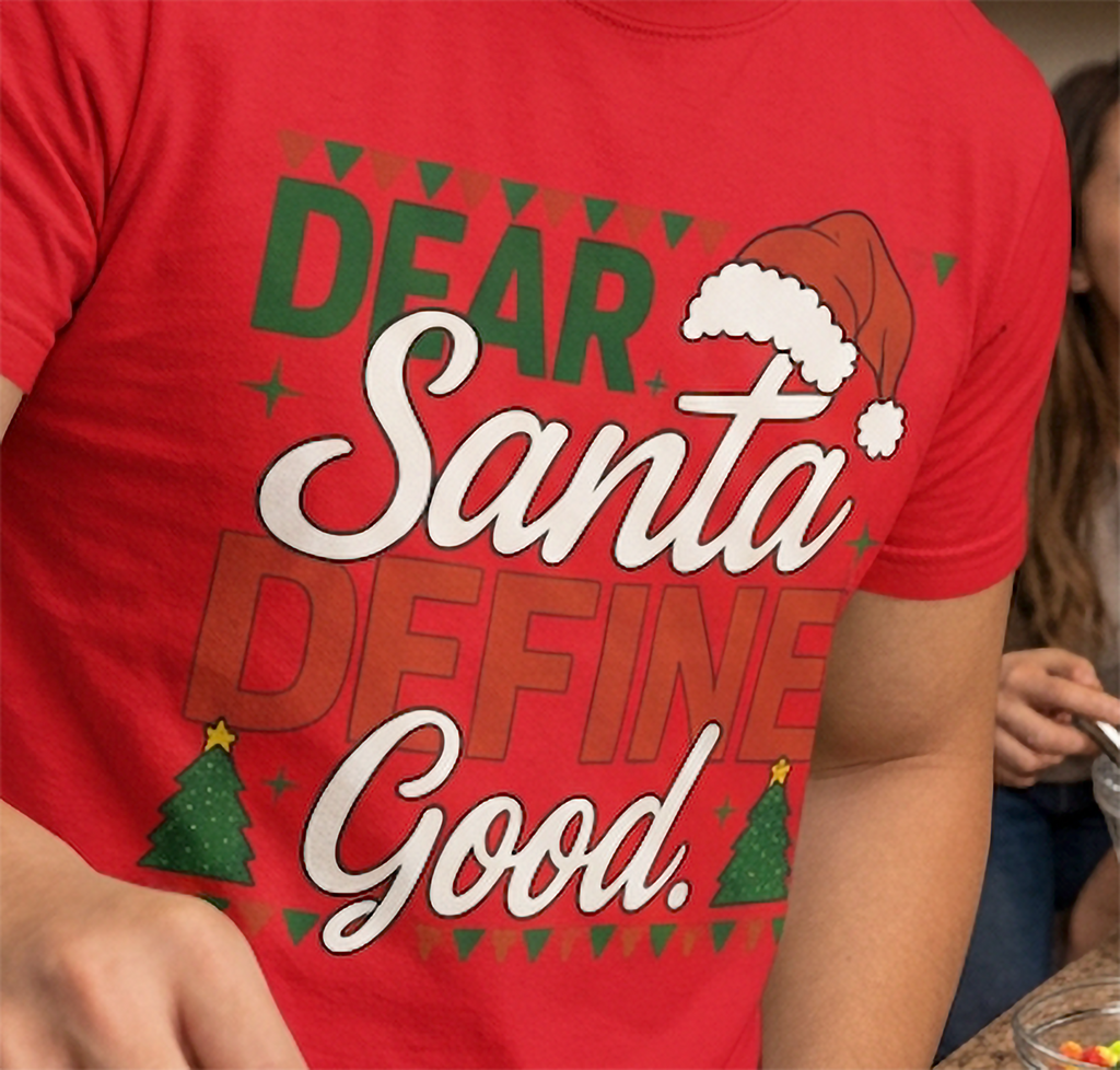 Red Close-Up: Close-up of the Dear Santa Define Good Christmas design on red fabric, featuring playful holiday typography and Santa hat.