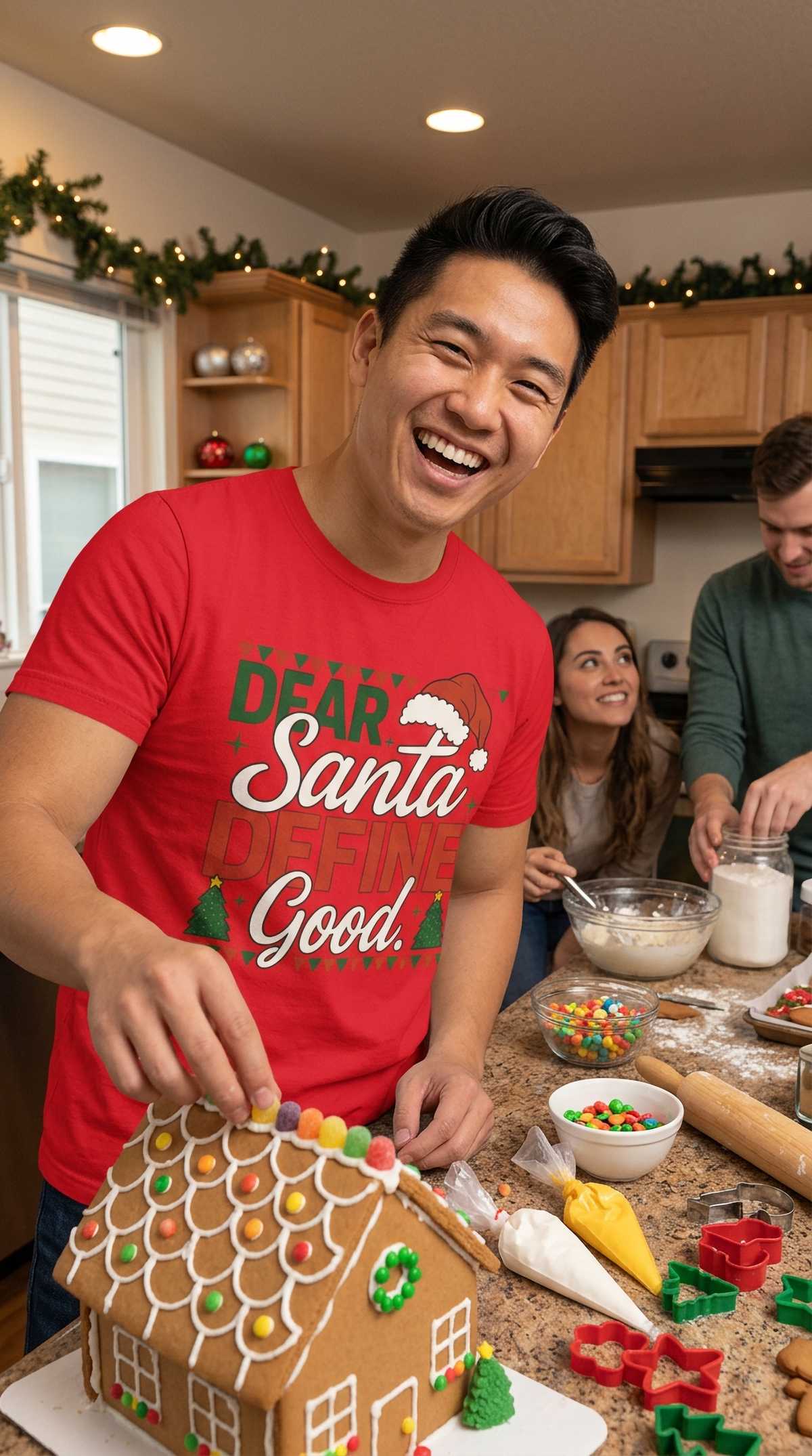 Lifestyle – Red: Woman wearing a red Dear Santa Define Good funny Christmas t-shirt while celebrating at a holiday party.