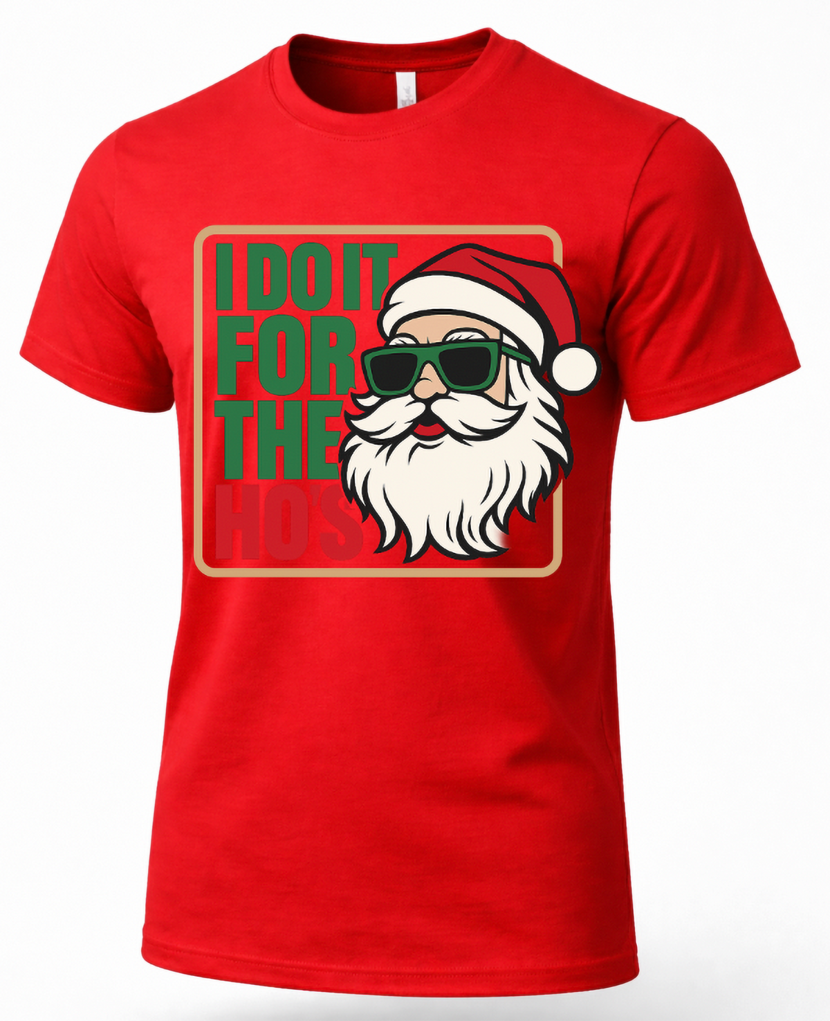 Red unisex Christmas graphic t-shirt featuring I Do It for the Ho's Santa Claus design.