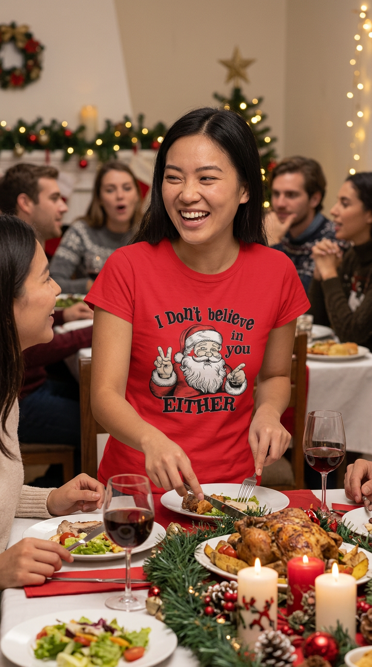 Friends celebrating Christmas at a holiday dinner with a woman wearing a red funny Santa Christmas graphic shirt.