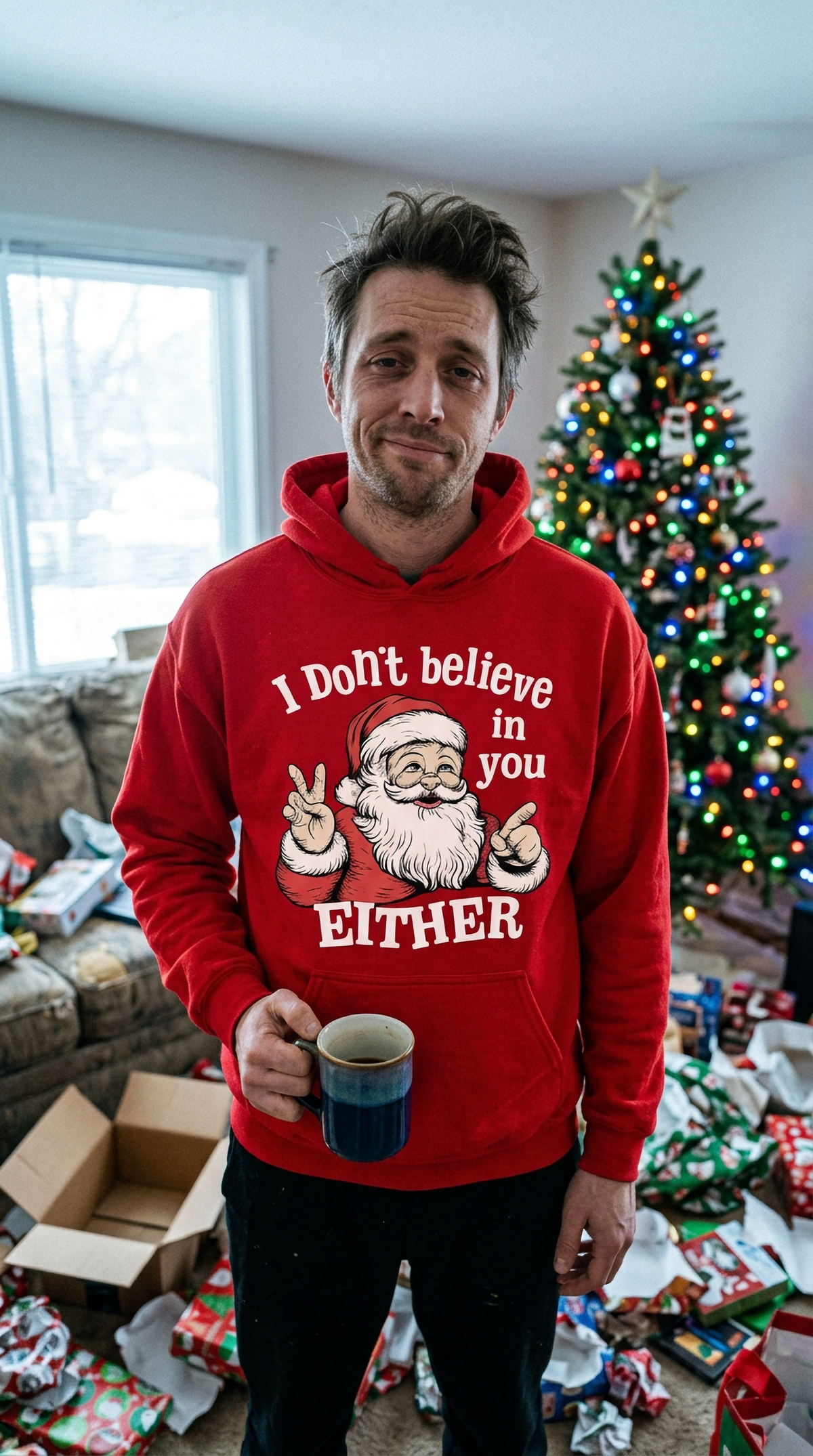 Man wearing red I Don’t Believe in You Either Santa hoodie at a Christmas gathering