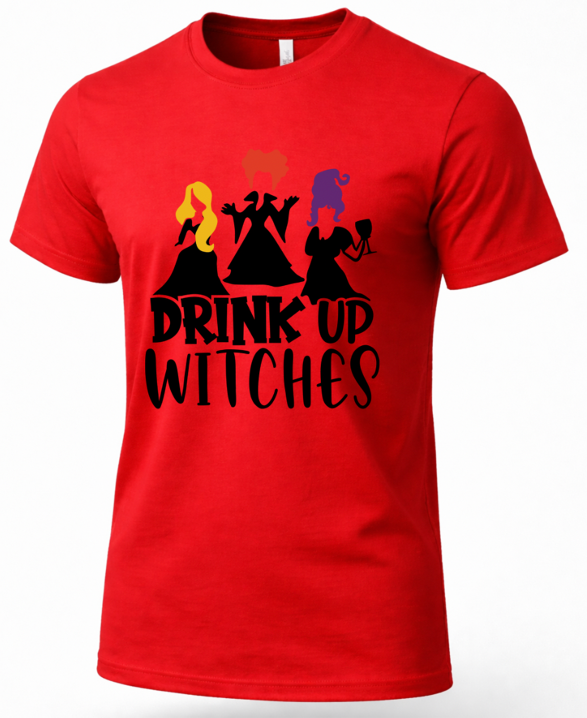 Red Drink Up Witches Hocus Pocus shirt with Sanderson Sisters-inspired graphic