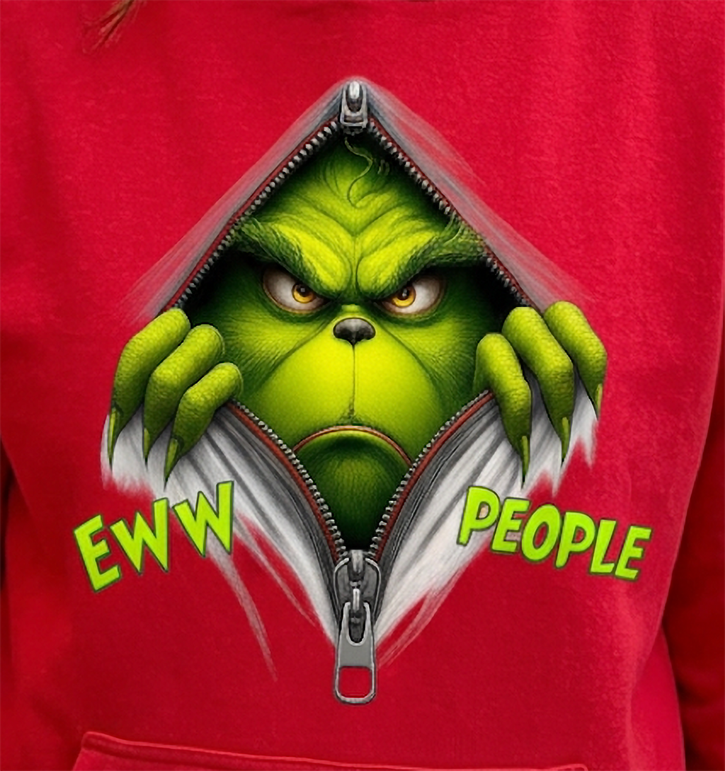 Close-up of Eww People Grinch Christmas design printed on red hoodie