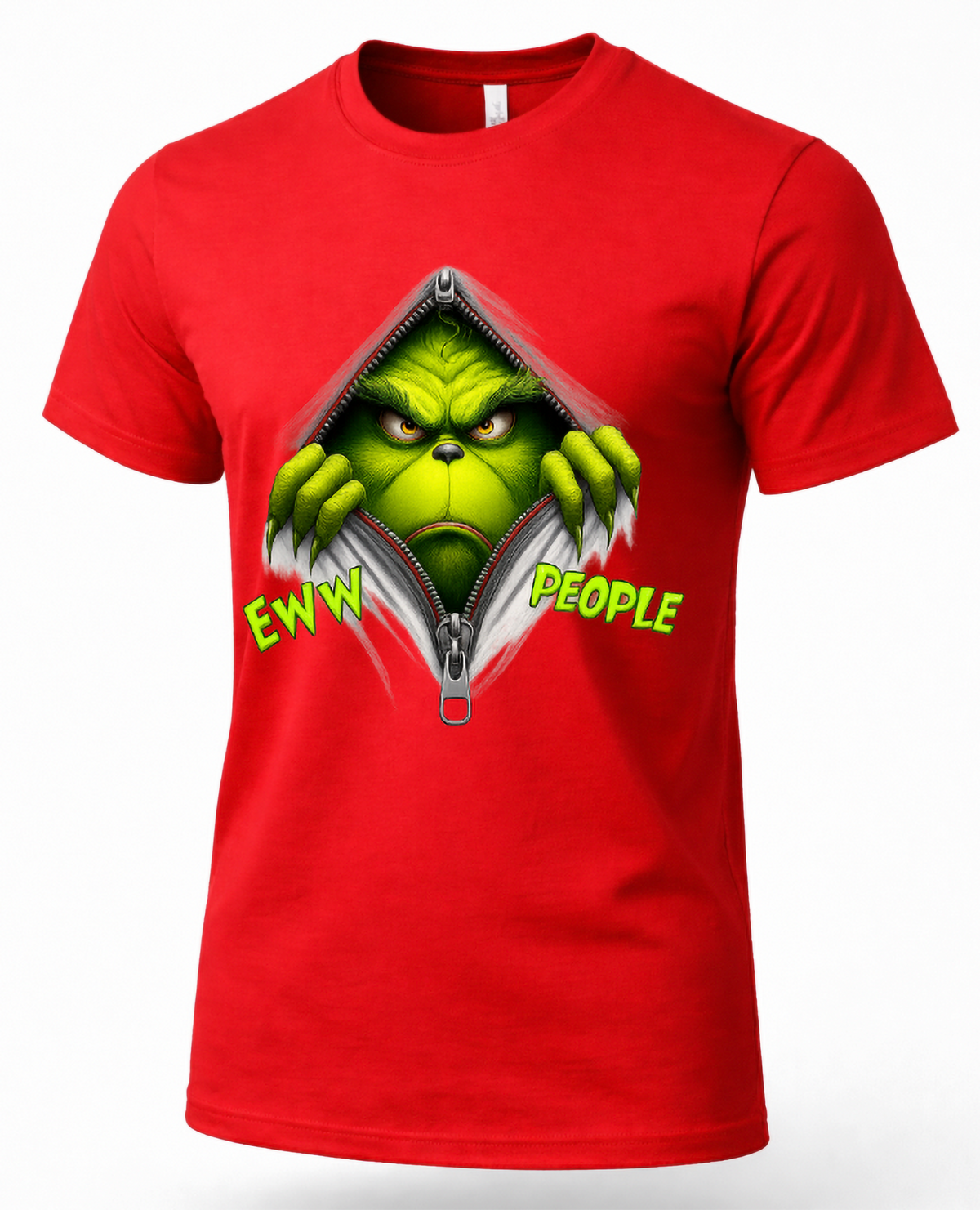 Red Mockup: Red unisex Christmas graphic t-shirt featuring a grumpy green Grinch character peeking through a zipper.