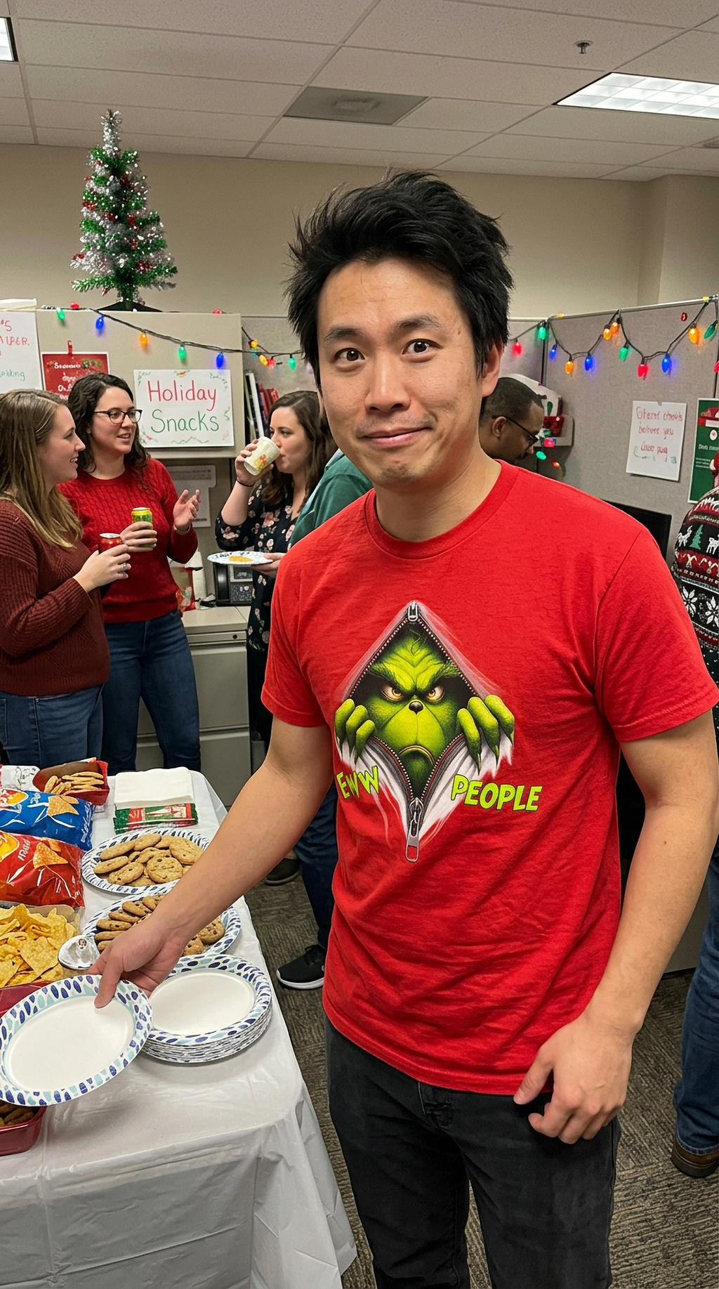 Red Lifestyle: Person wearing a red Eww People Grinch Christmas t-shirt at a holiday gathering.