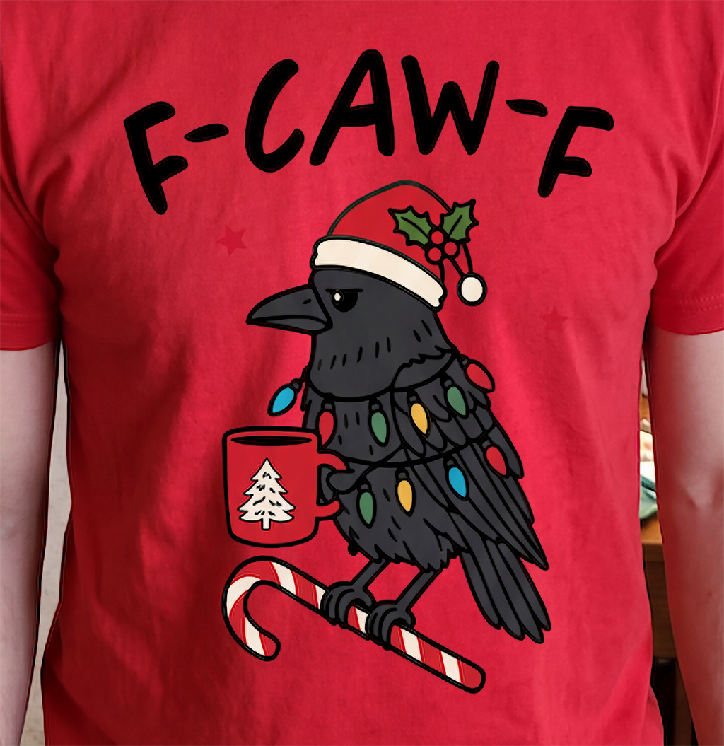 Close-up of F-Caw-F festive crow Christmas design on red shirt
