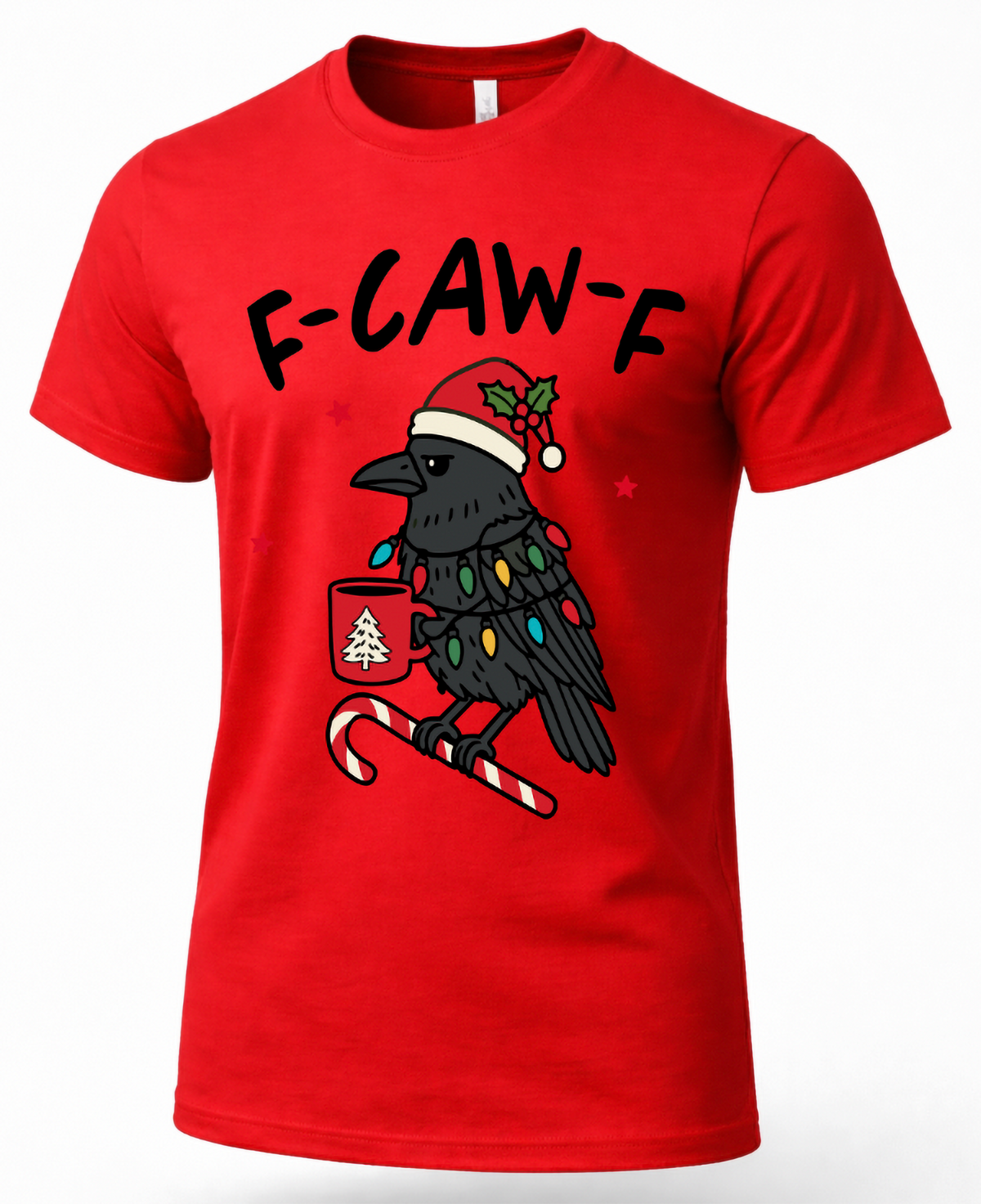 Red F-Caw-F Christmas shirt with crow, Santa hat and Christmas lights graphic