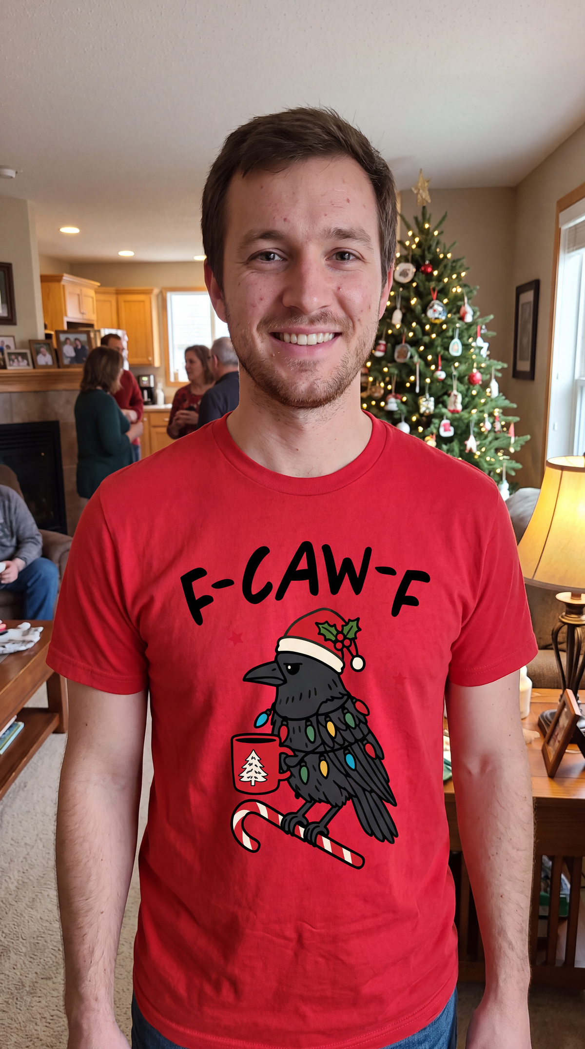 Model wearing red F-Caw-F Christmas shirt with festive crow holiday design