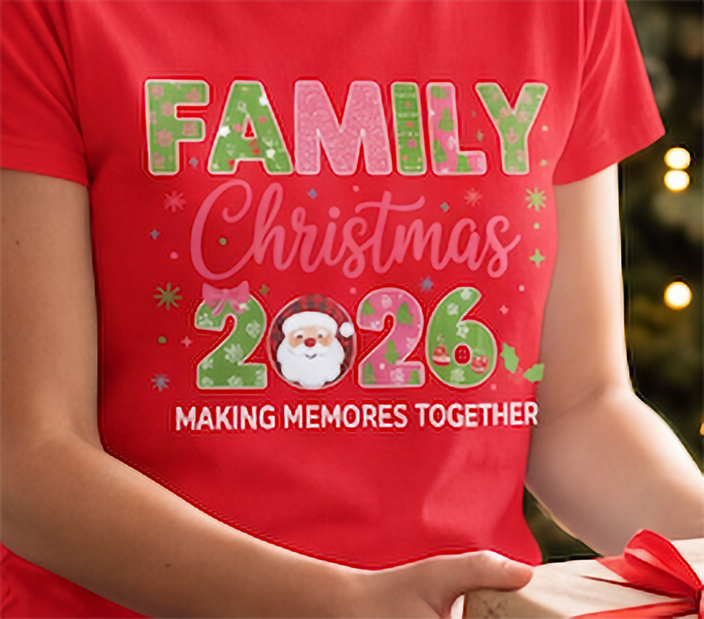 Close-up of red Family Christmas 2026 shirt featuring festive holiday lettering and Santa.