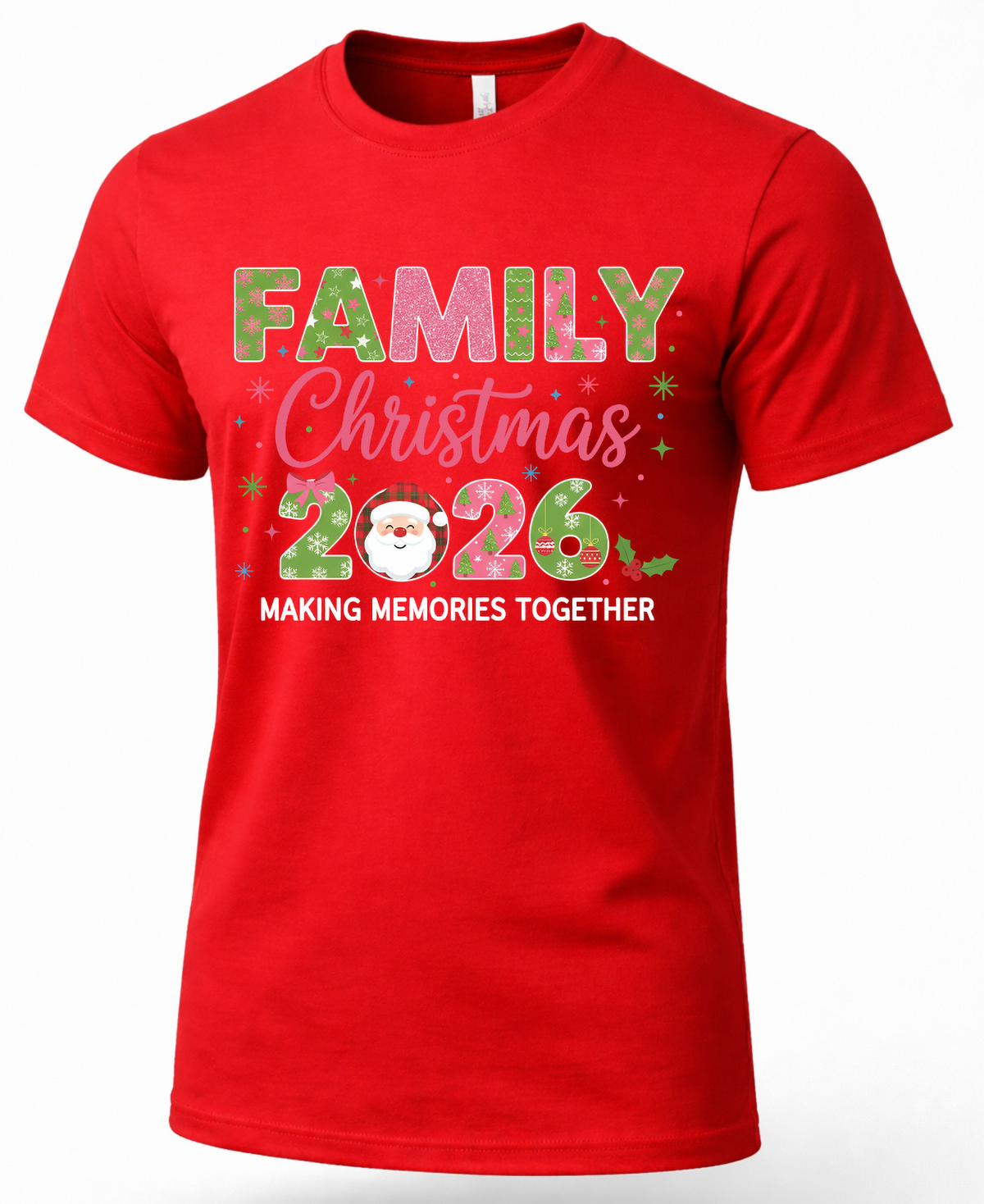 Red Family Christmas 2026 graphic T-shirt with colorful Christmas design and Santa.