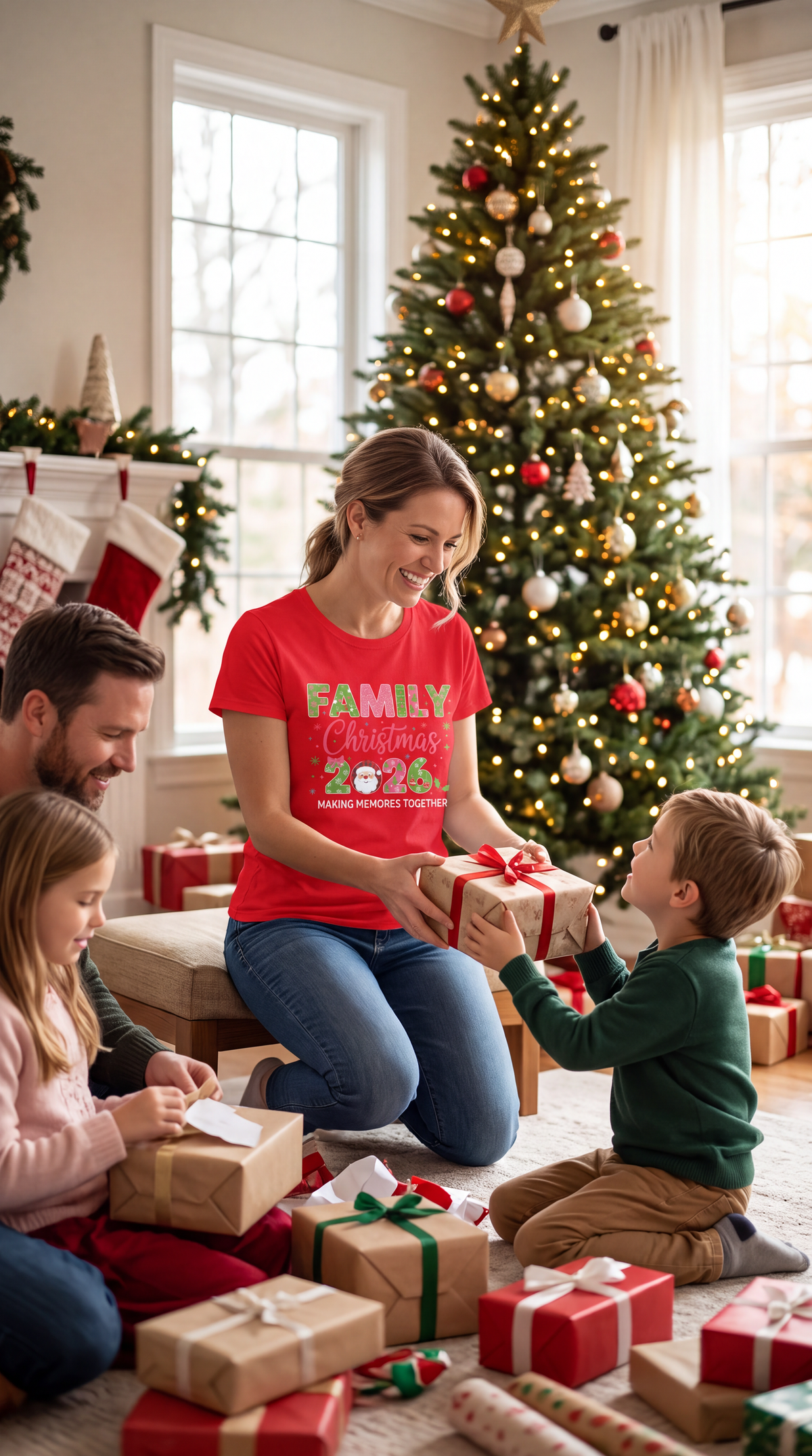 Woman wearing red Family Christmas 2026 graphic shirt during a family holiday celebration.