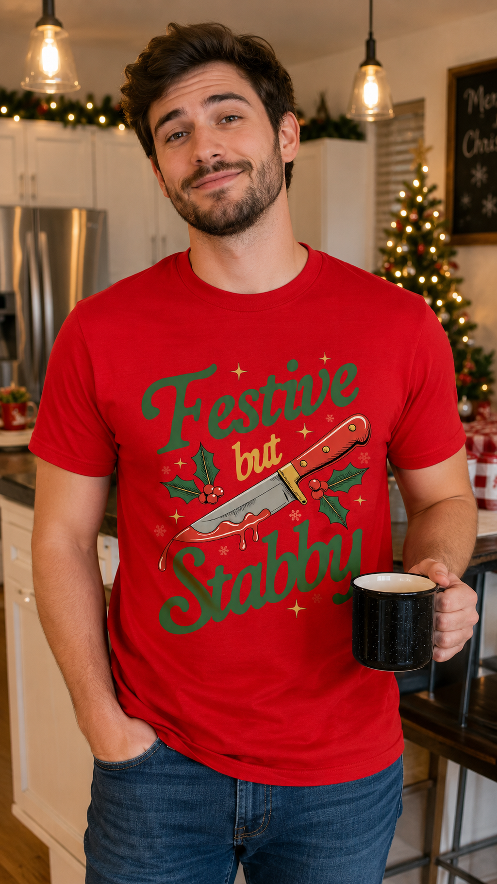 Man wearing red Festive But Stabby Christmas graphic shirt