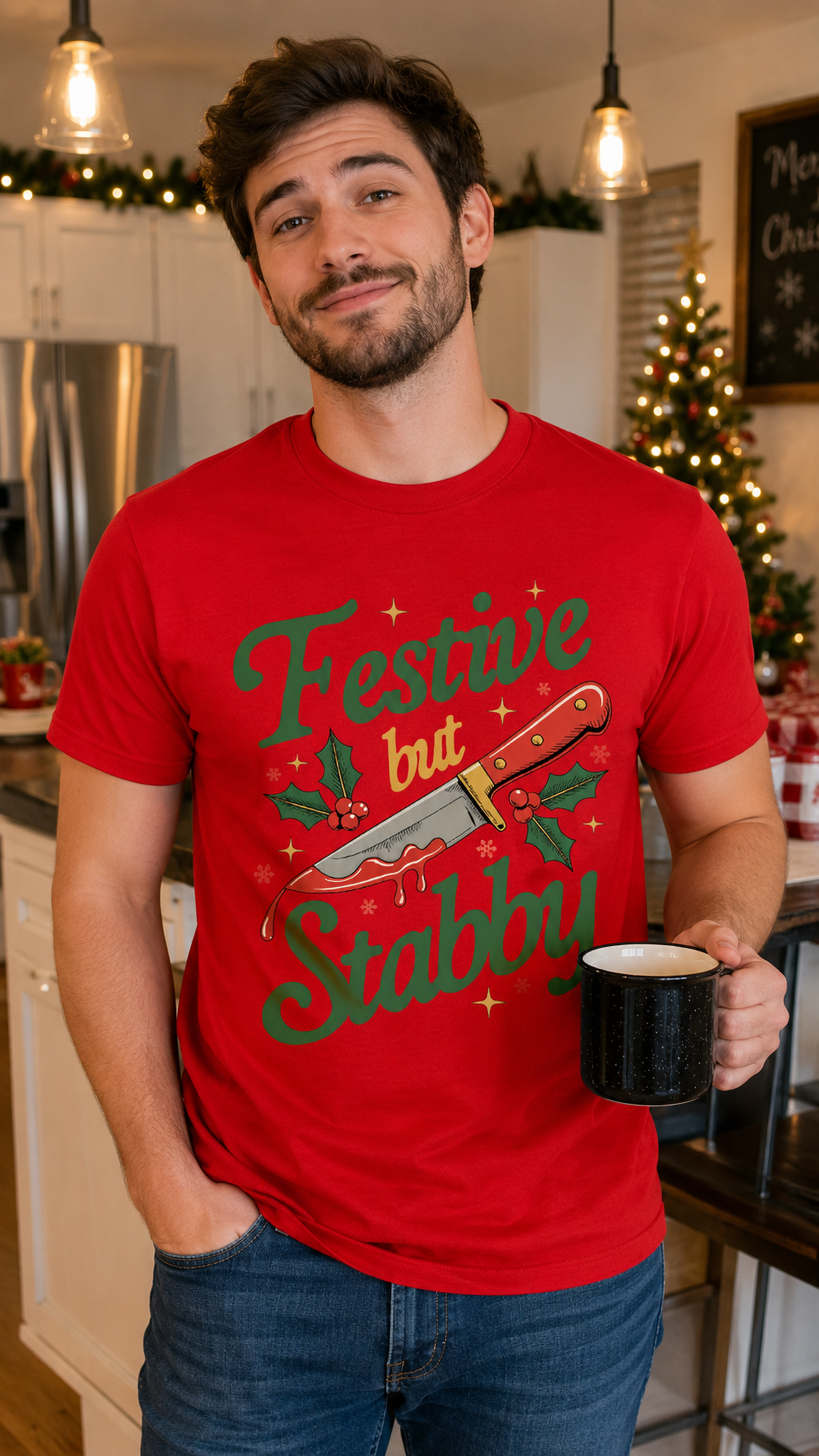 Man wearing red Festive But Stabby Christmas graphic shirt