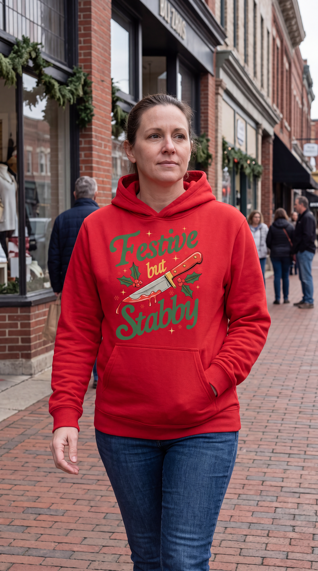 Woman wearing red Festive But Stabby funny Christmas hoodie
