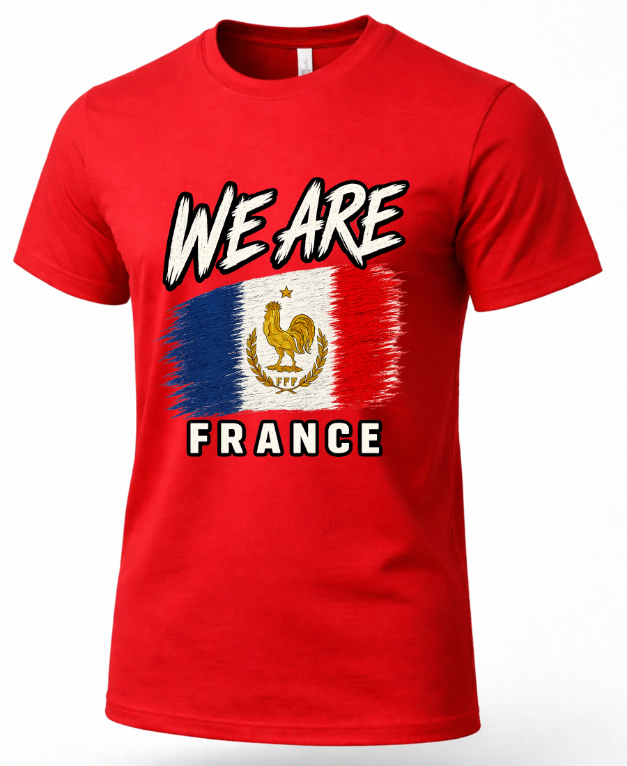 A red short-sleeve crewneck t-shirt featuring a distressed graphic of the French flag with the text 'WE ARE' above and 'FRANCE' below, displayed on a clean white background.
