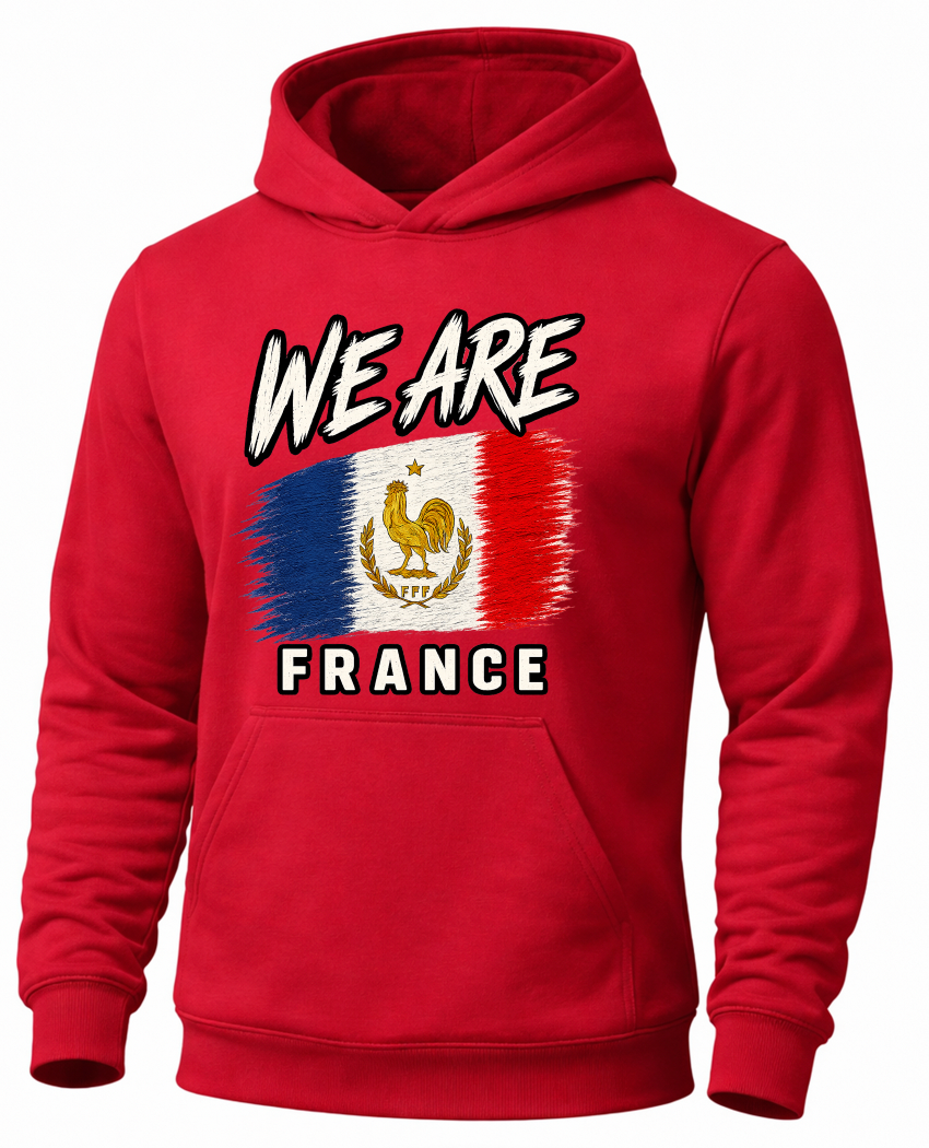 A red pullover hoodie featuring a distressed graphic of the French flag with the text 'WE ARE' above and 'FRANCE' below, shown on a plain white background.